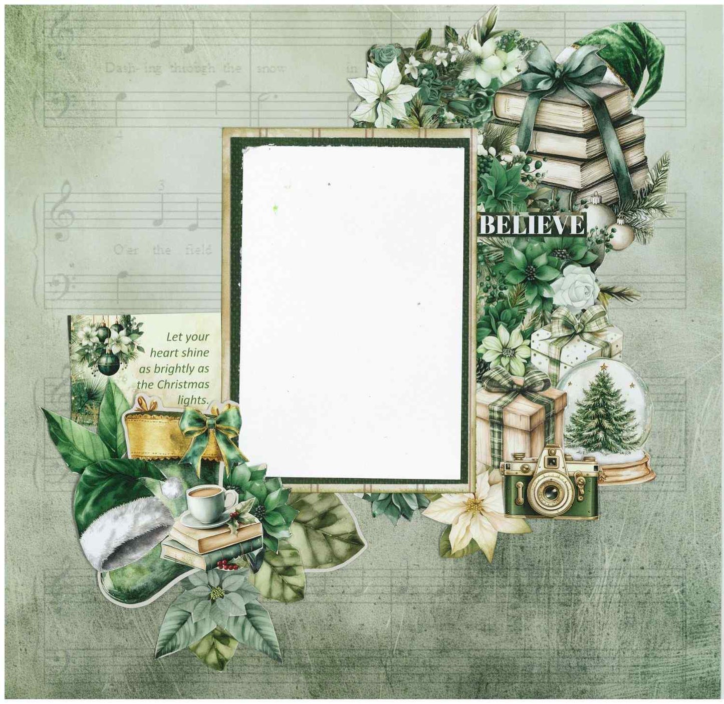 Pine Festivities scrapbook layout sample on sheet music background with die-cut books, camera, snow globe, gifts, leaves and word strip reading Believe