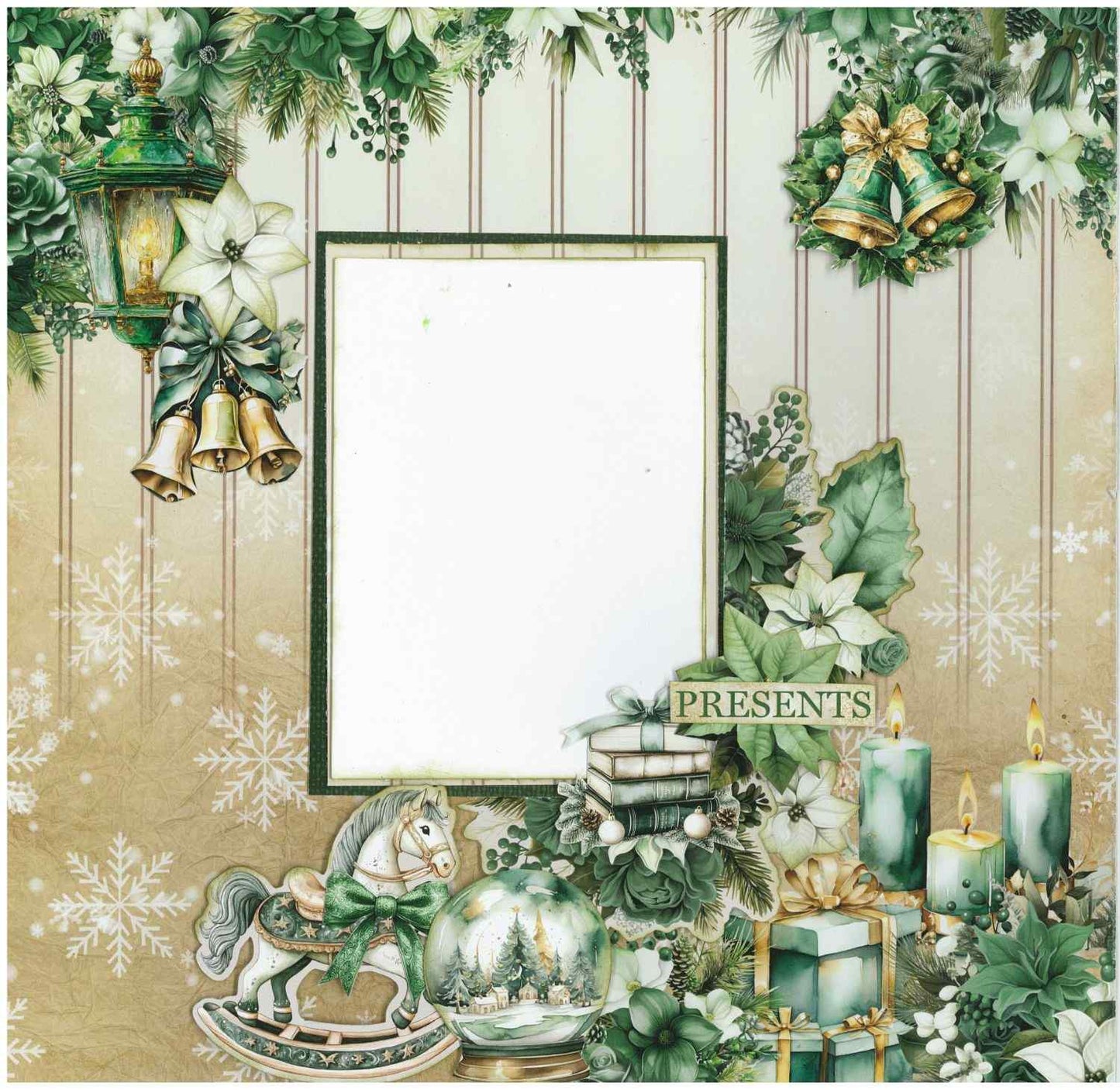 Pine Festivities scrapbook layout sample on snowflake background with die-cut lantern, bells, wreath, rocking horse, snow globe, candles and word strip reading Presents