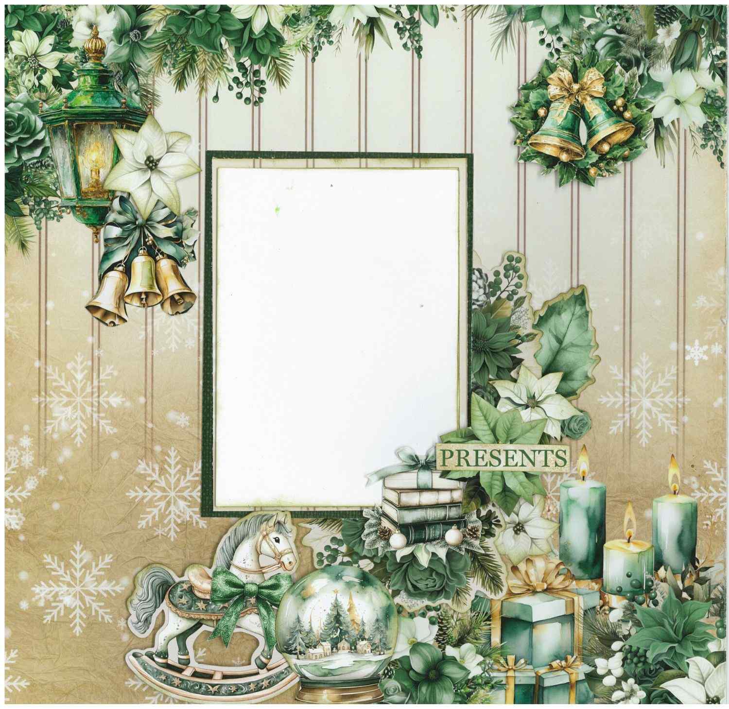 Pine Festivities scrapbook layout sample on snowflake background with die-cut lantern, bells, wreath, rocking horse, snow globe, candles and word strip reading Presents