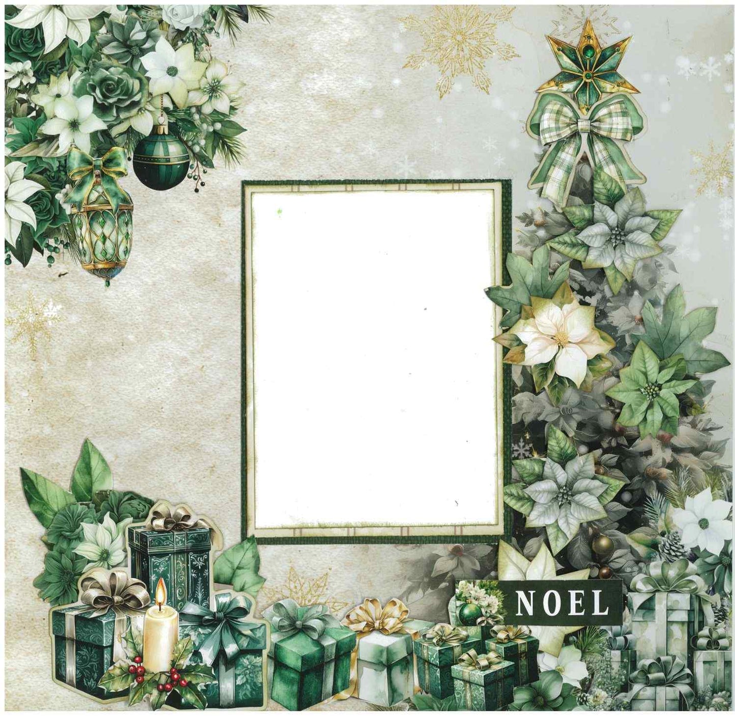 Pine Festivities scrapbook layout sample showing a photo mat with Christmas tree, lantern, bauble, gifts, candle and word strip reading Noel on a soft snowflake background