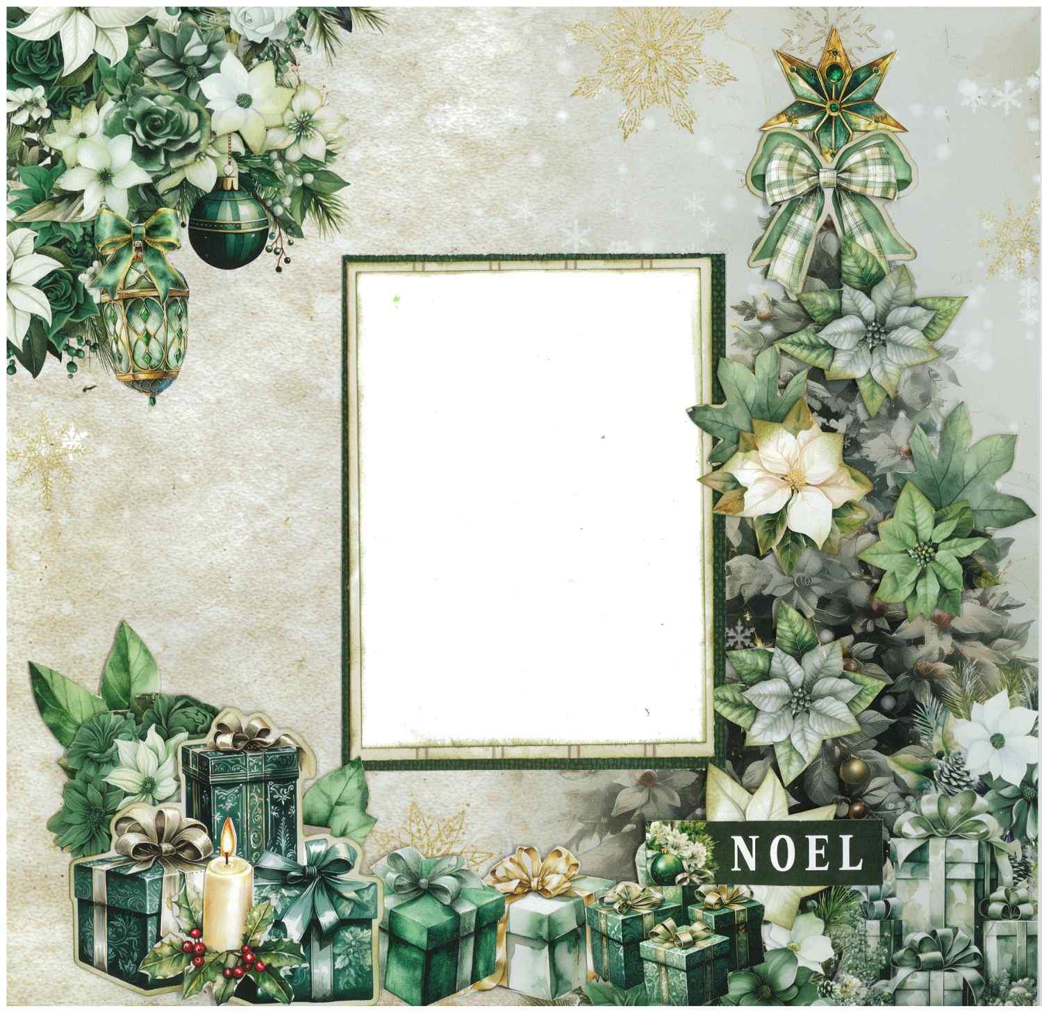 Pine Festivities scrapbook layout sample showing a photo mat with Christmas tree, lantern, bauble, gifts, candle and word strip reading Noel on a soft snowflake background