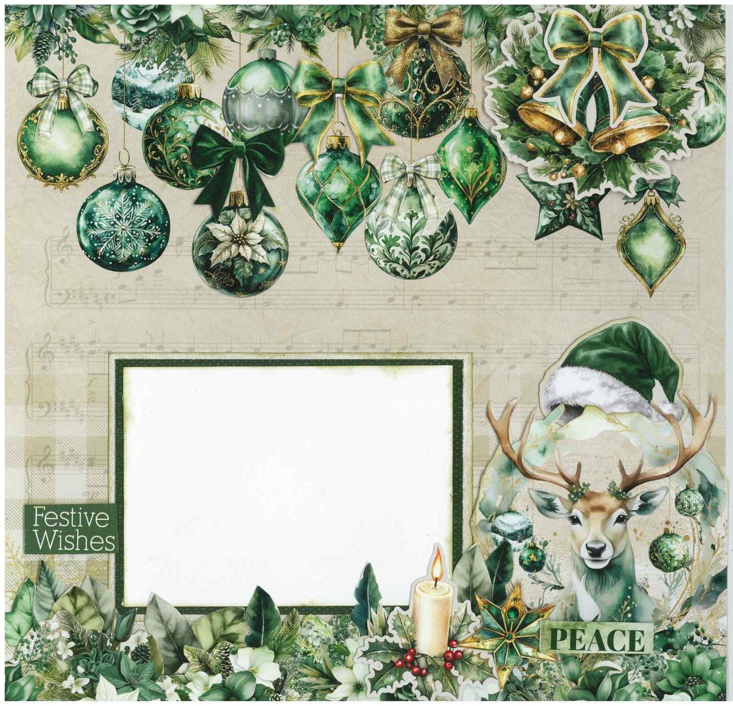 Pine Festivities scrapbook layout sample on sheet music background with a row of die-cut green Christmas baubles and bells across the top, a deer wearing a Santa hat, candle and word strips reading Festive Wishes and Peace