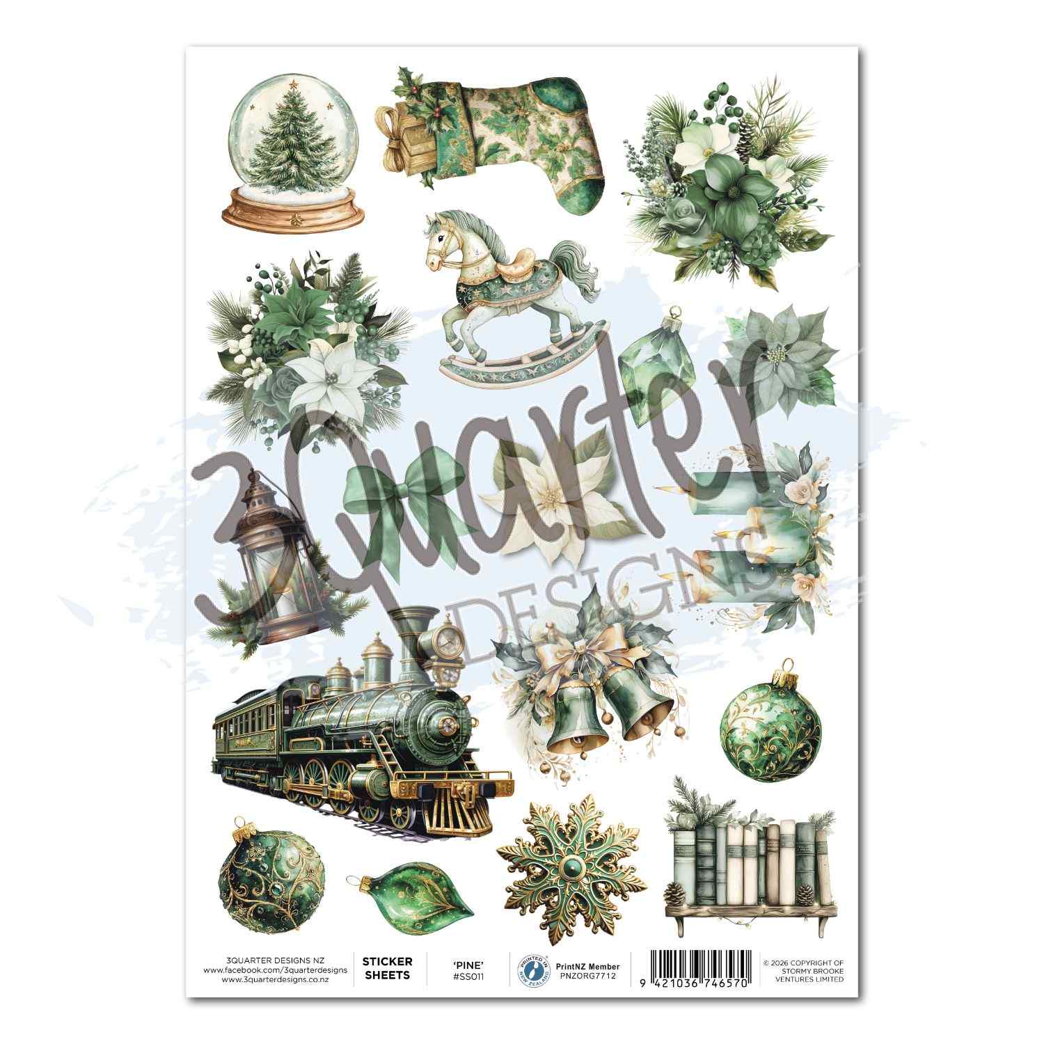 Pine Festivities A4 sticker sheet with 16 Christmas elements including snow globe, stocking, rocking horse, lantern, steam train, bells, baubles and gold snowflake