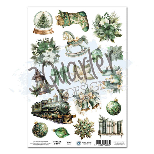Pine Festivities A4 sticker sheet with 16 Christmas elements including snow globe, stocking, rocking horse, lantern, steam train, bells, baubles and gold snowflake
