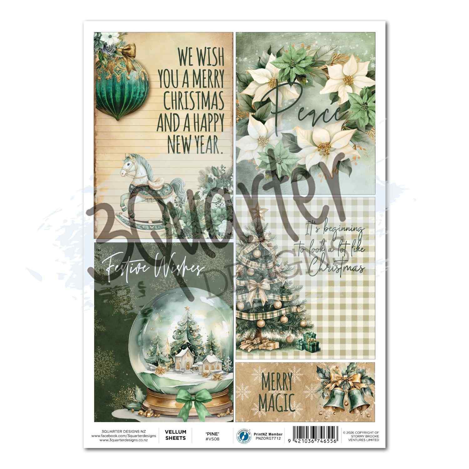 3Quarter Designs Pine Festivities A4 vellum sheet showing 5 panels: We Wish You a Merry Christmas with rocking horse and bauble, Peace with white poinsettias, Festive Wishes with snow globe, It's beginning to look a lot like Christmas with plaid tree, and Merry Magic with bells and holly
