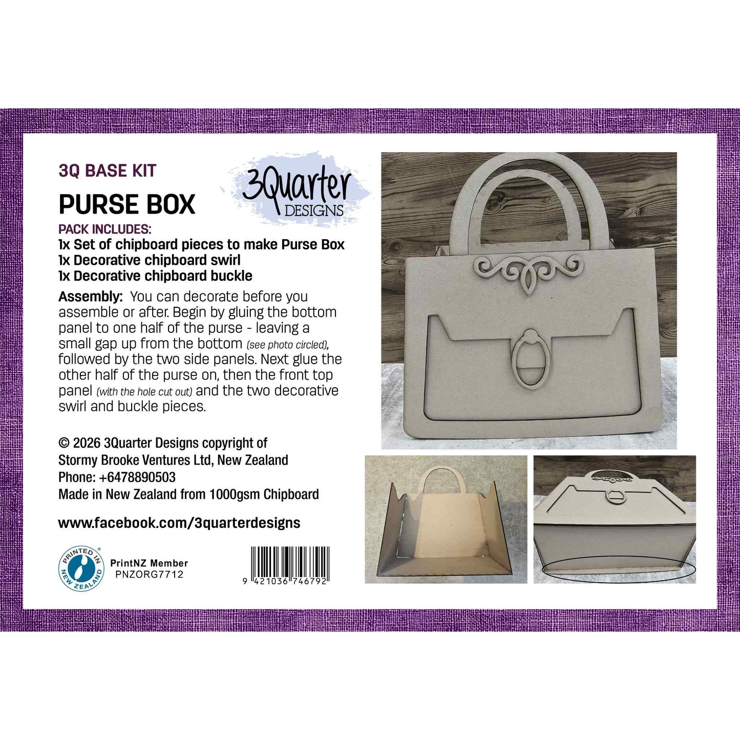 Purse Box Base Kit by 3Quarter Designs — 1000gsm chipboard purse box showing assembled front view with decorative swirl and buckle, open box interior, and side profile