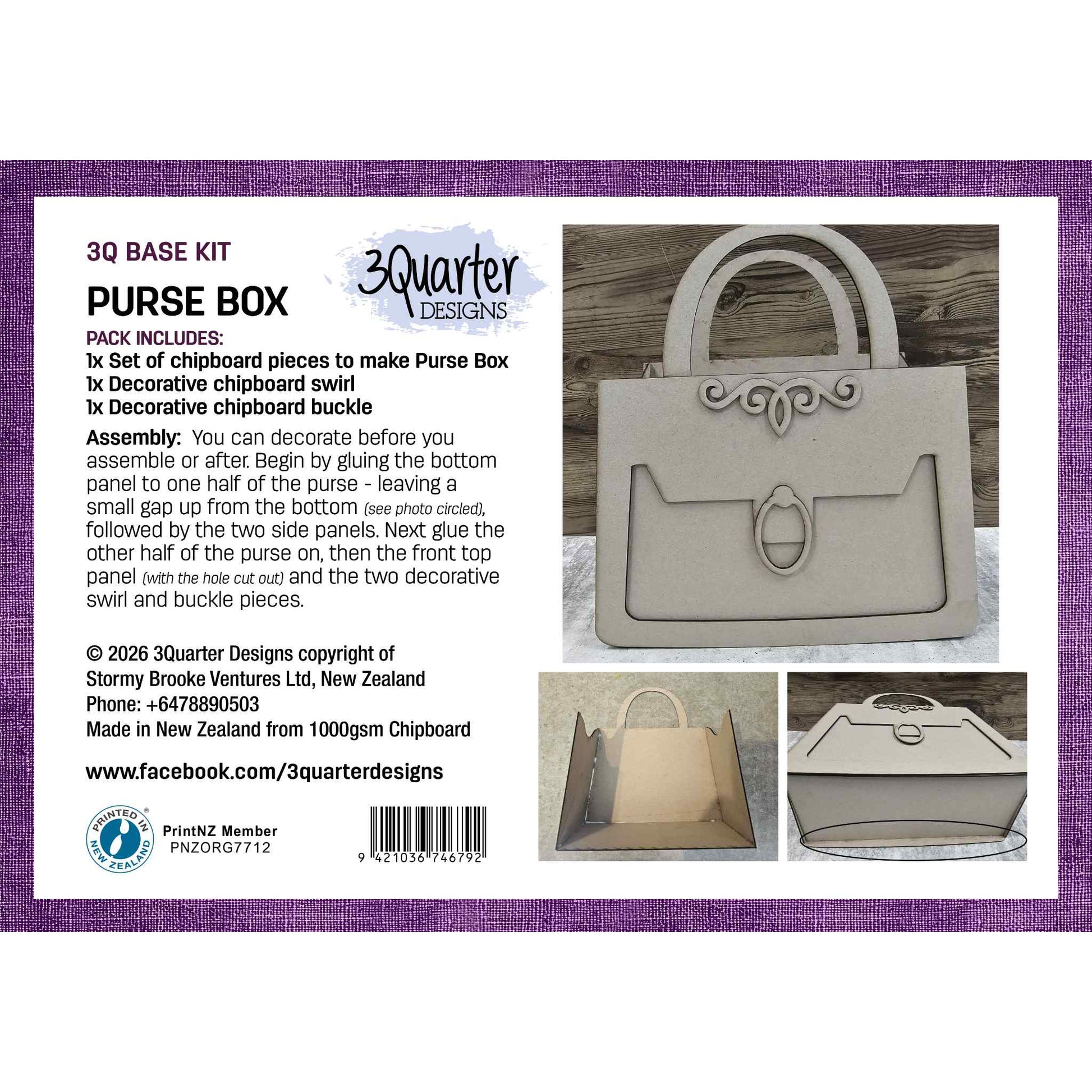Purse Box Base Kit by 3Quarter Designs — 1000gsm chipboard purse box showing assembled front view with decorative swirl and buckle, open box interior, and side profile