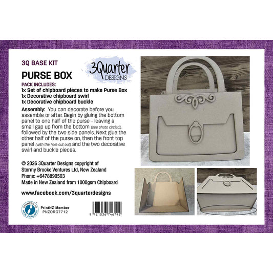 Purse Box Base Kit by 3Quarter Designs — 1000gsm chipboard purse box showing assembled front view with decorative swirl and buckle, open box interior, and side profile