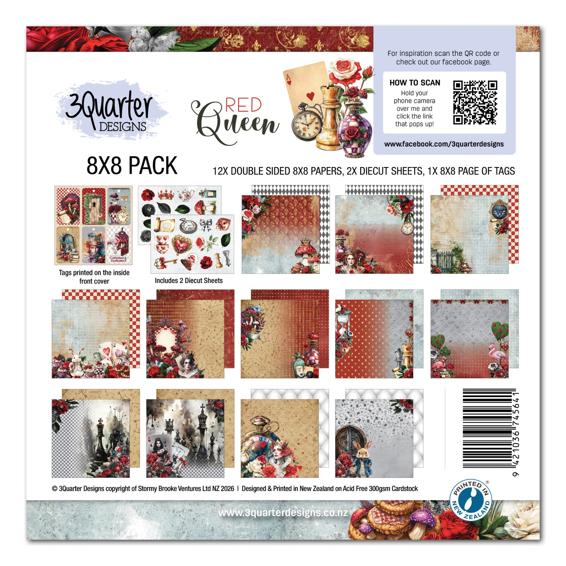 Red Queen 8x8 Paper Pack by 3Quarter Designs showing package contents including 12 double-sided papers, 2 die-cut sheets and tag page with vintage Wonderland themed designs featuring Red Queen, Cheshire Cat, roses and checkered patterns