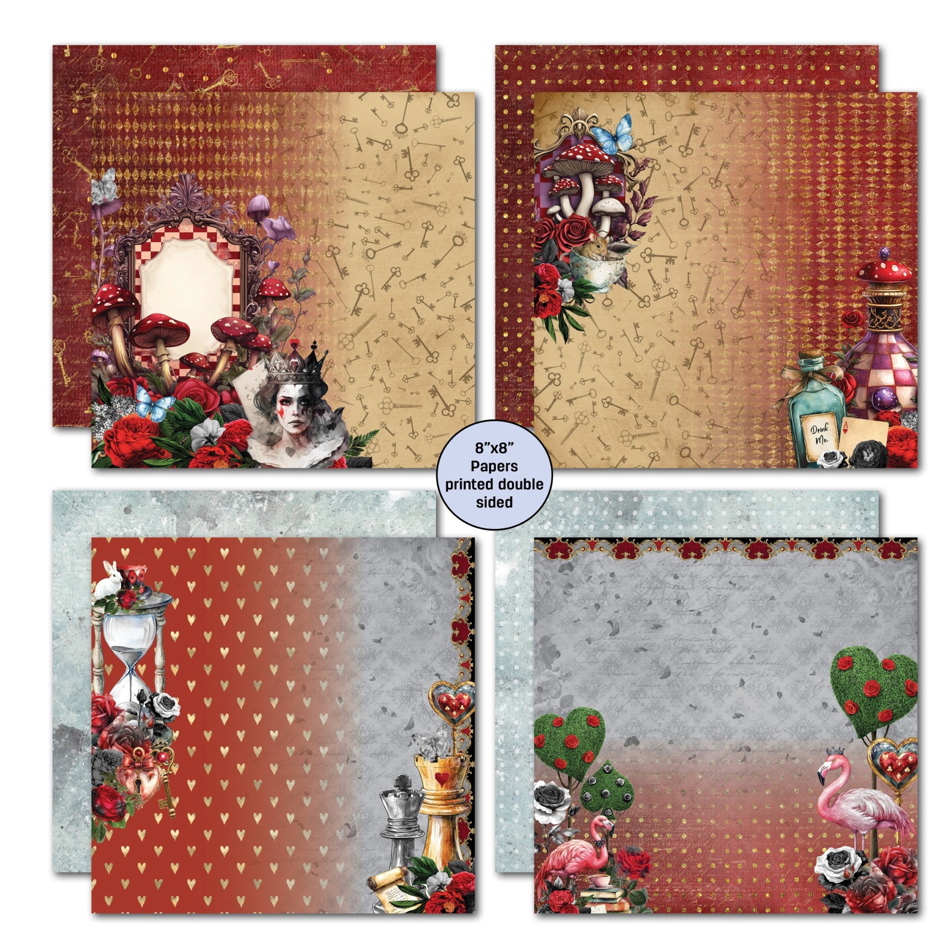 Red Queen 8x8 Paper Pack papers  showing four double-sided designs featuring Red Queen with mushrooms and ornate frame, stacked mushrooms with drink me bottles, hourglass with White Rabbit and chess pieces, and flamingo with heart topiaries