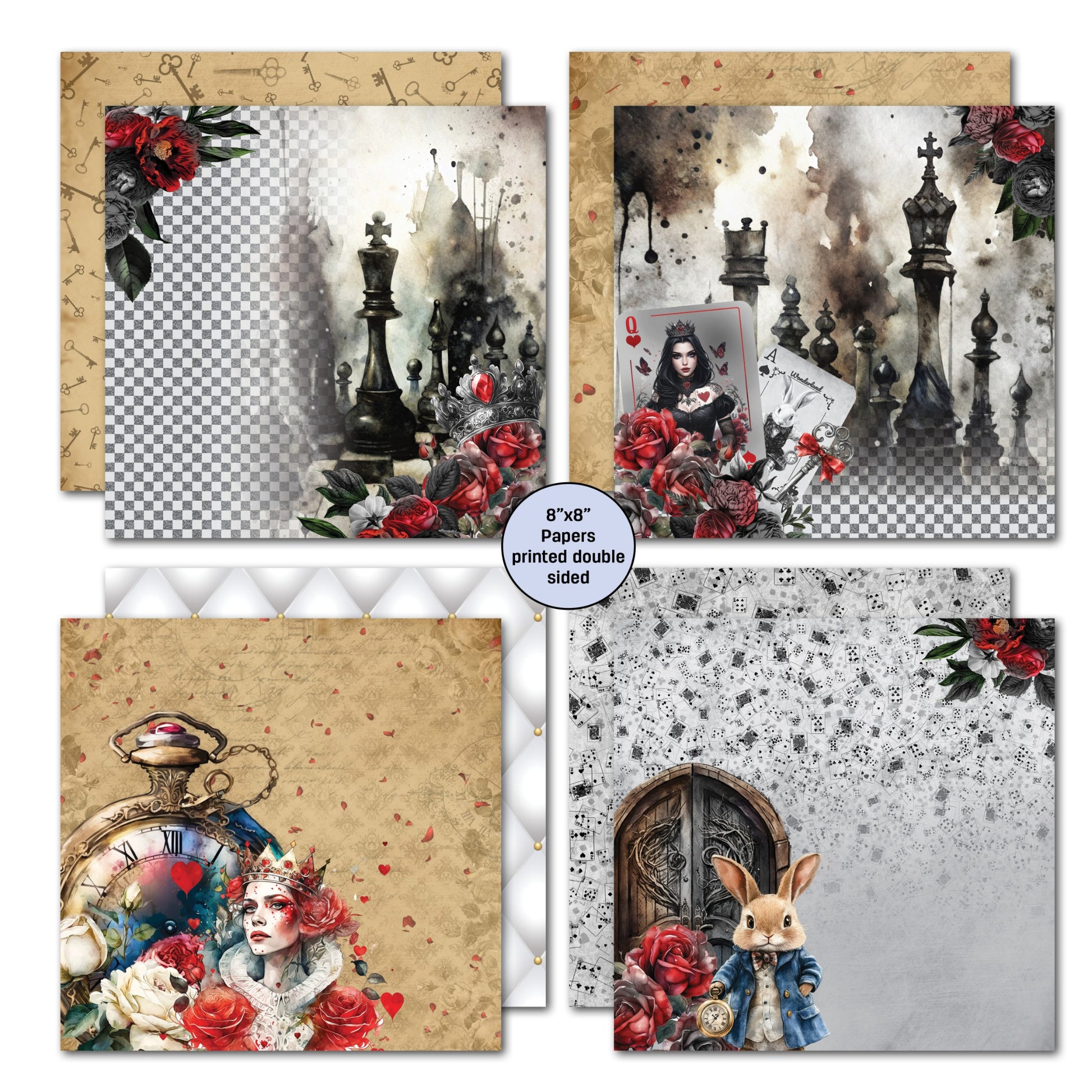 Red Queen 8x8 Paper Pack papers  showing four double-sided designs featuring chess pieces with Red Queen portrait, pocket watch with Red Queen in ornate frame, Mad Hatter portrait with teacups, and Rabbit at arched door with roses