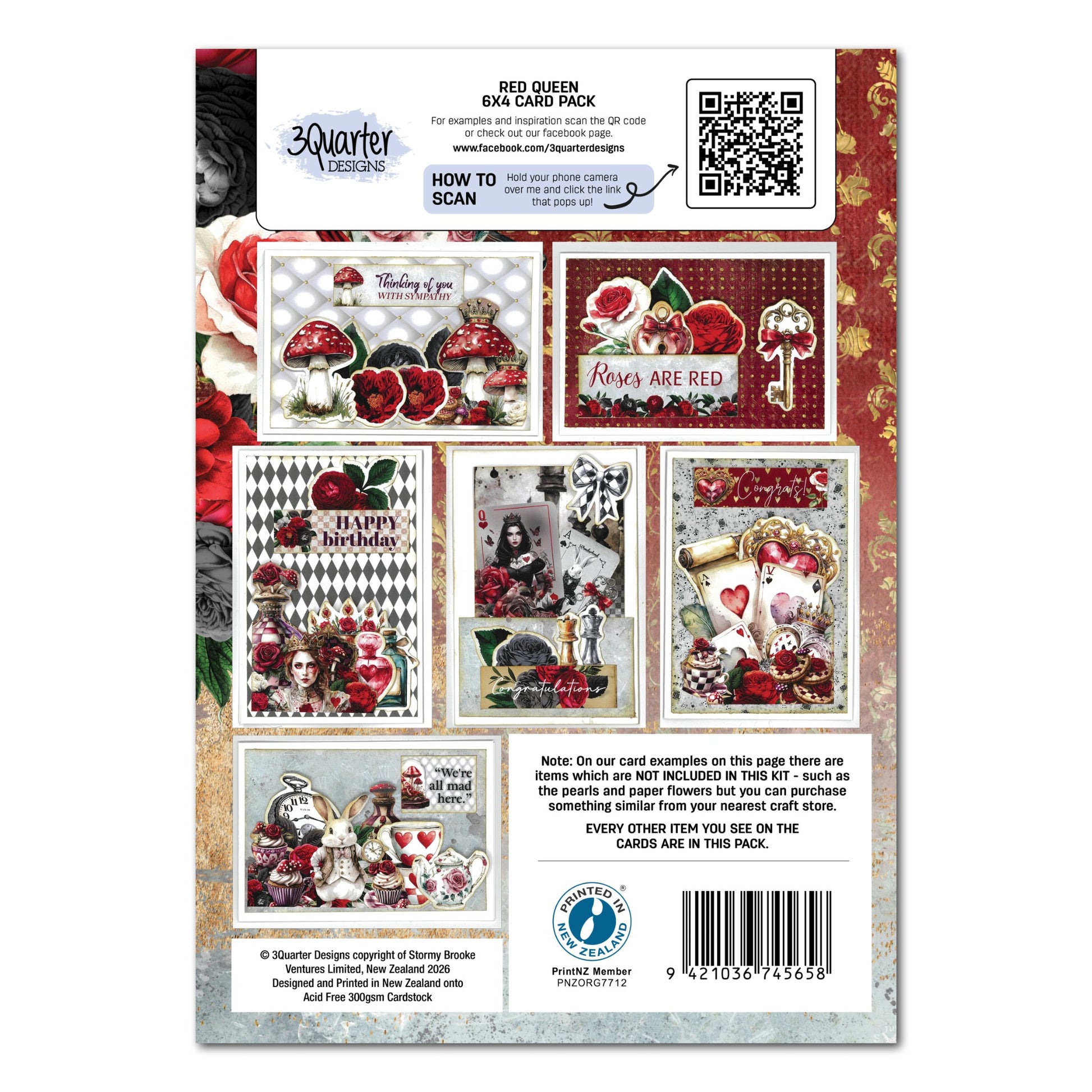 Red Queen 6x4 Card Making Kit back cover showing six example cards featuring mushrooms with sympathy message, roses are red card, happy birthday with roses, Red Queen portrait congratulations, checkered hearts amazing card and we're all mad here tea party
