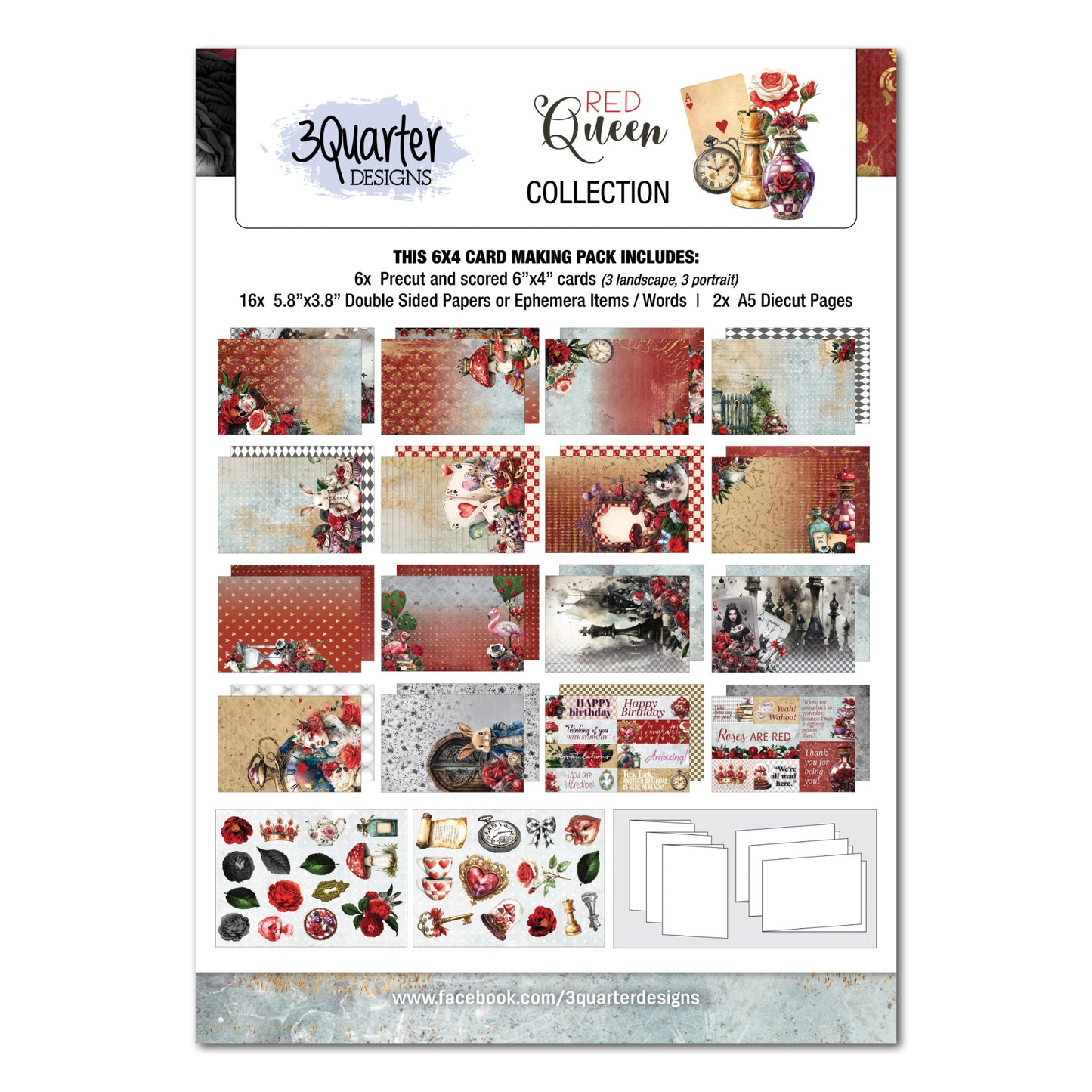 Red Queen 6x4 Card Making Kit cover showing kit contents including 6 pre-cut scored cards in landscape and portrait, 16 double-sided papers and 2 A5 die-cut sheets with example cards and product details