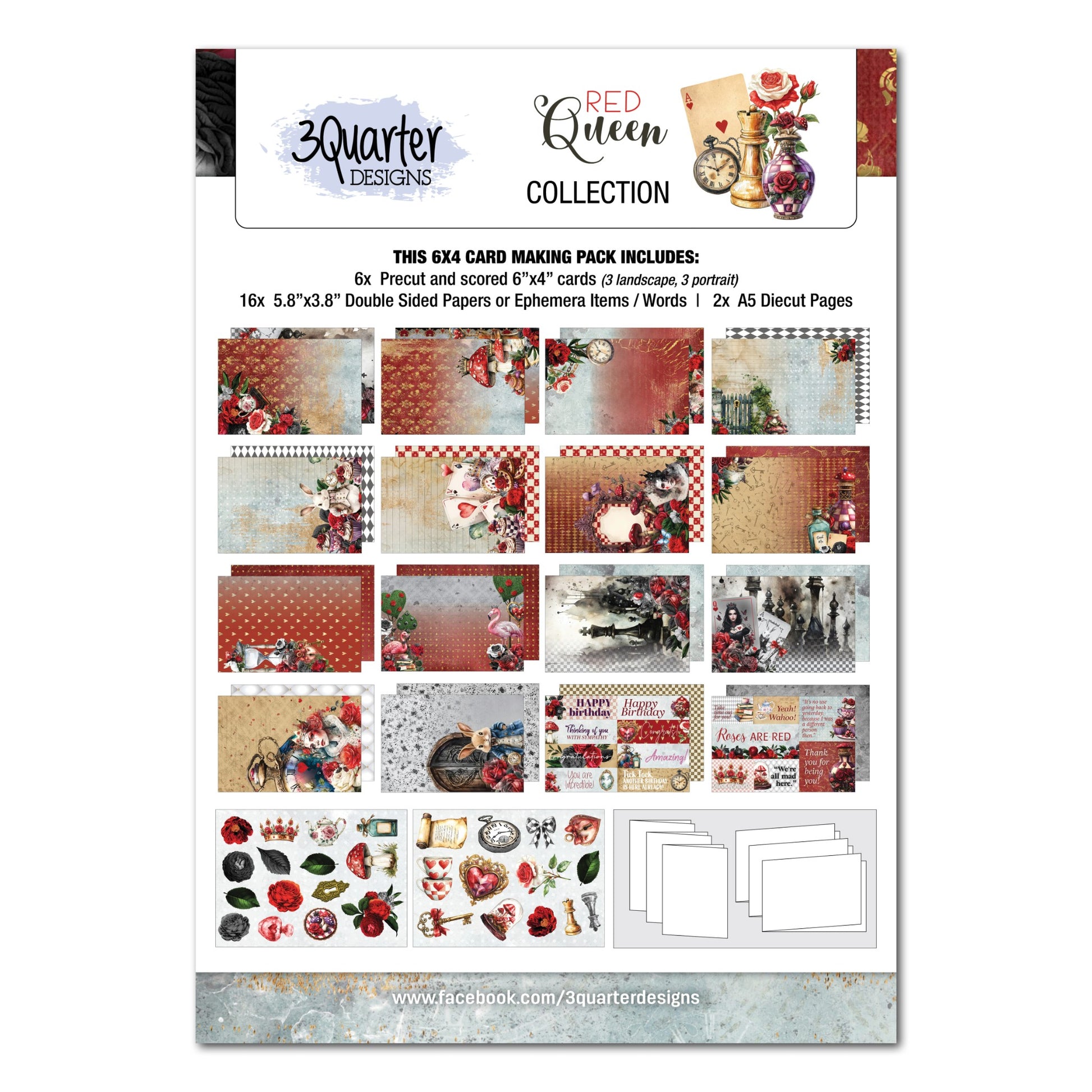 Red Queen 6x4 Card Making Kit cover showing kit contents including 6 pre-cut scored cards in landscape and portrait, 16 double-sided papers and 2 A5 die-cut sheets with example cards and product details