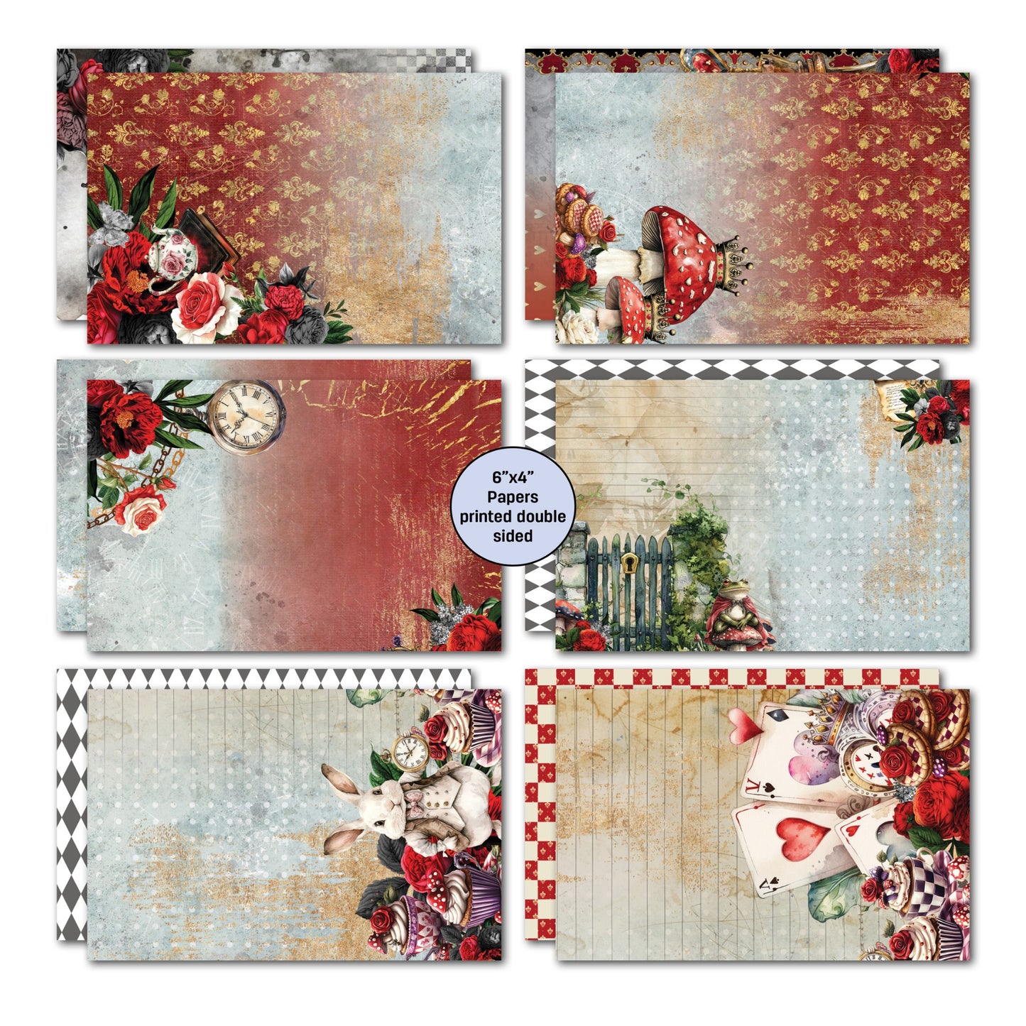 Red Queen 6x4 Card Making Kit papers showing six double-sided designs featuring ornate teapot, roses, White Rabbit, cupcakes, pocket watch, garden gate, playing cards and more. 