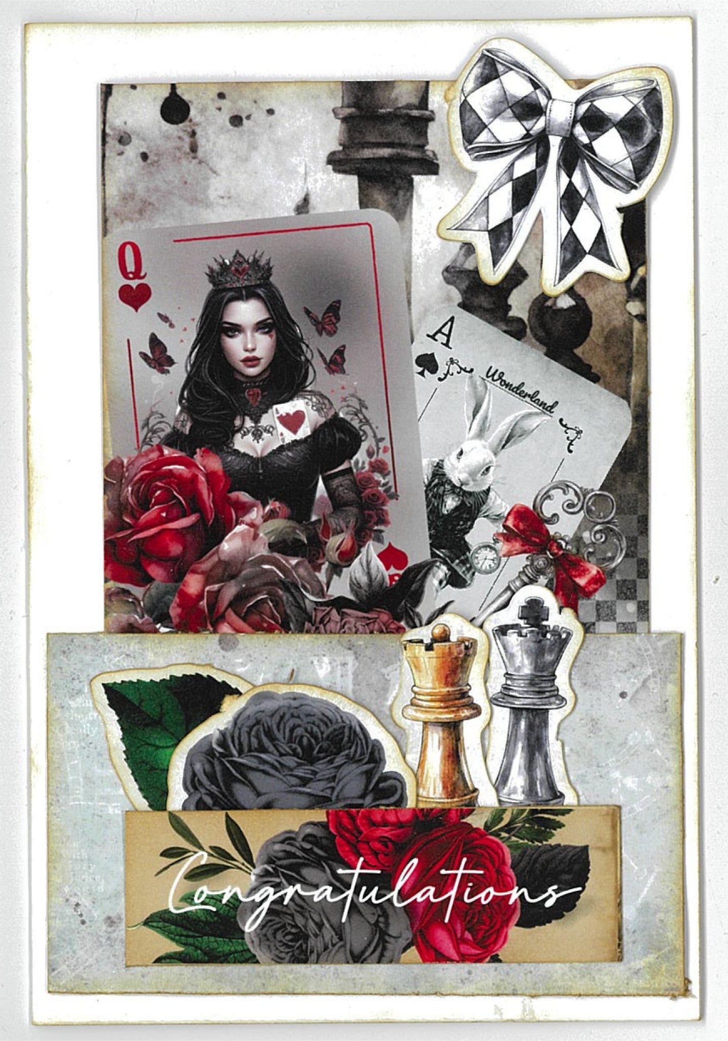 Red Queen card sample featuring Red Queen as Queen of Hearts playing card with roses and butterflies, White Rabbit on Wonderland card, harlequin bow, chess pieces and congratulations sentiment on distressed background