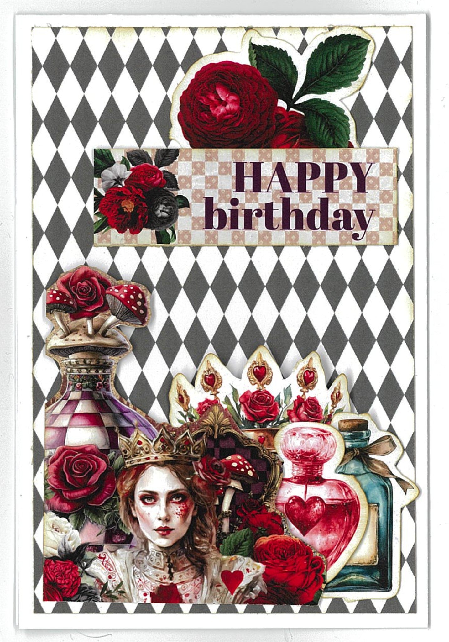 Red Queen card sample featuring Red Queen portrait with crown and roses, ornate bottles with heart potion, crown with jewels and happy birthday sentiment on harlequin checkered background with large red rose