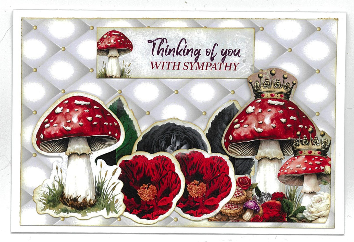Red Queen card sample featuring large red spotted mushrooms with crown, black rose, red poppies and thinking of you with sympathy sentiment on white tufted background 