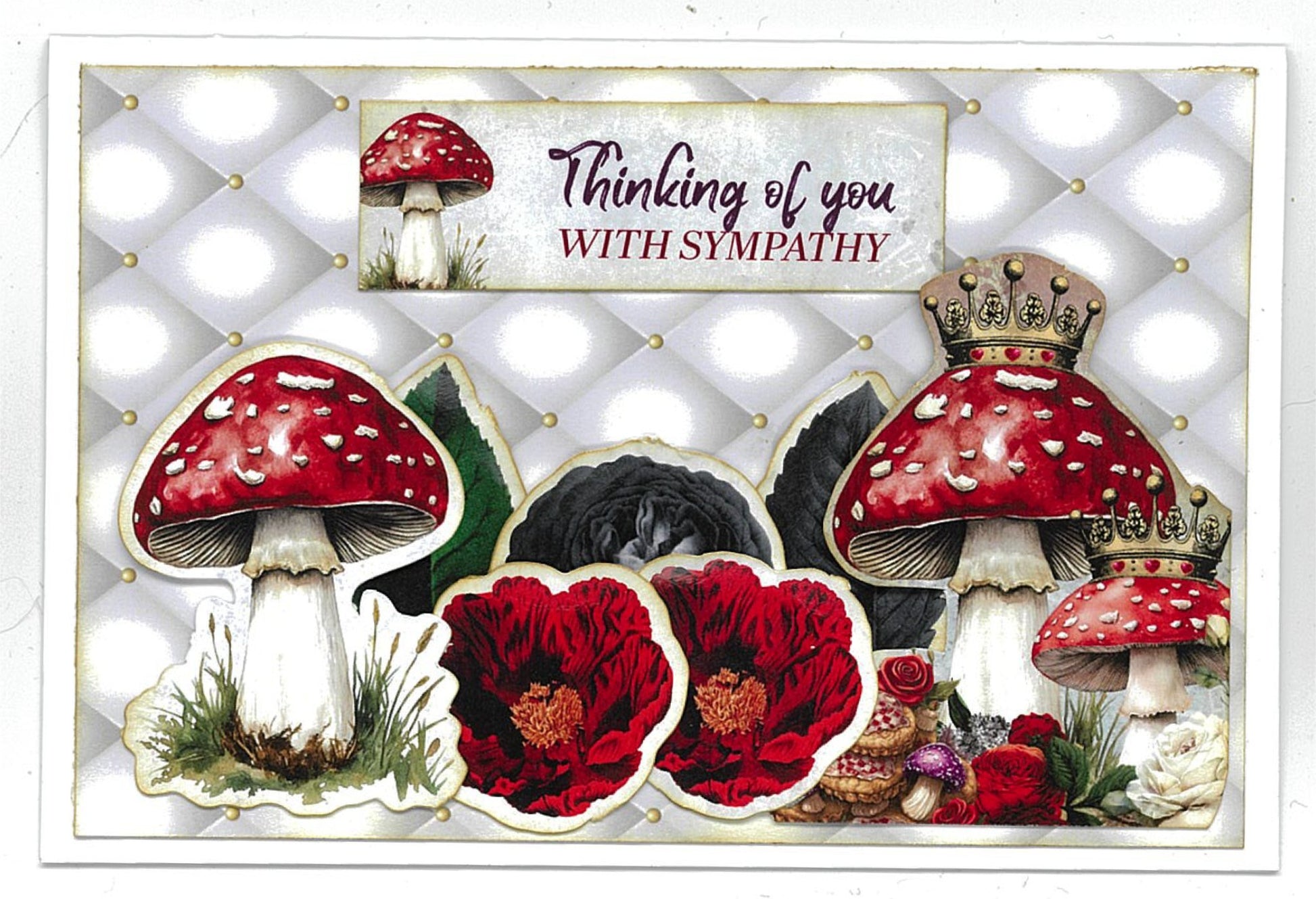 Red Queen card sample featuring large red spotted mushrooms with crown, black rose, red poppies and thinking of you with sympathy sentiment on white tufted background 