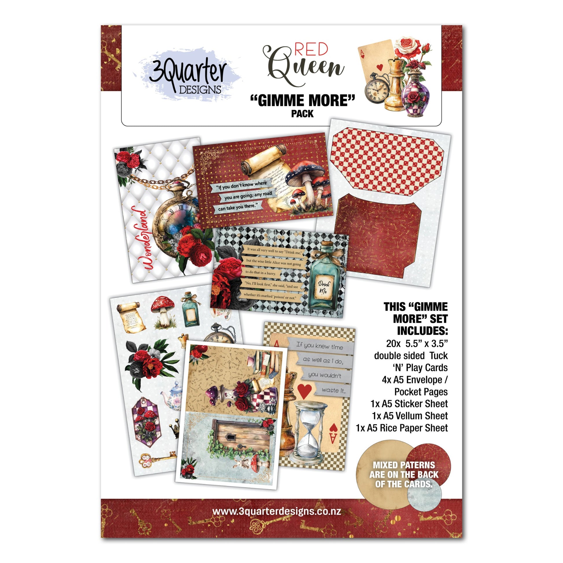 Red Queen Gimme More Pack by 3Quarter Designs showing package contents including double-sided tuck and play cards, envelope pages, sticker sheet, vellum sheet and rice paper with vintage Wonderland themed designs