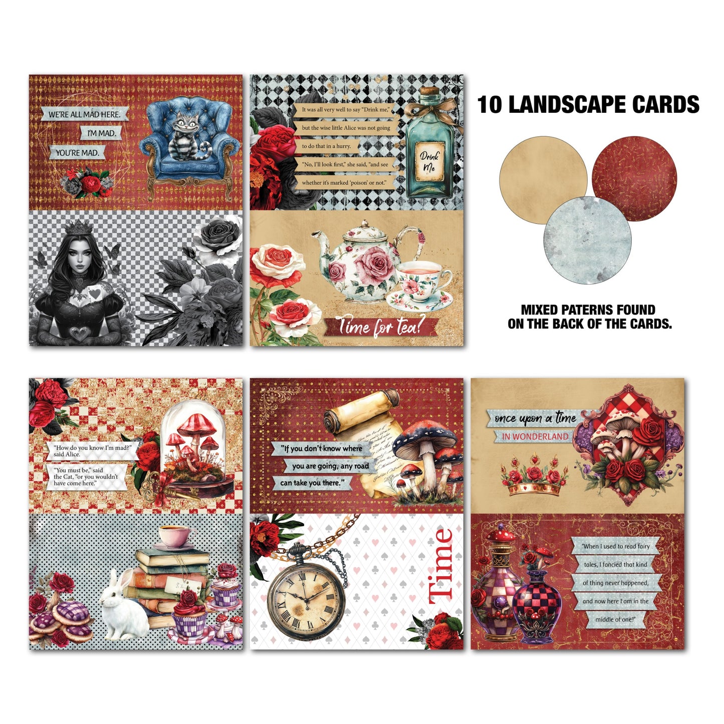 Red Queen Gimme More Pack 10 landscape cards featuring Cheshire Cat throne, drink me bottle with quote, tea party, mushrooms with quote, pocket watch with time theme, and mixed pattern backs