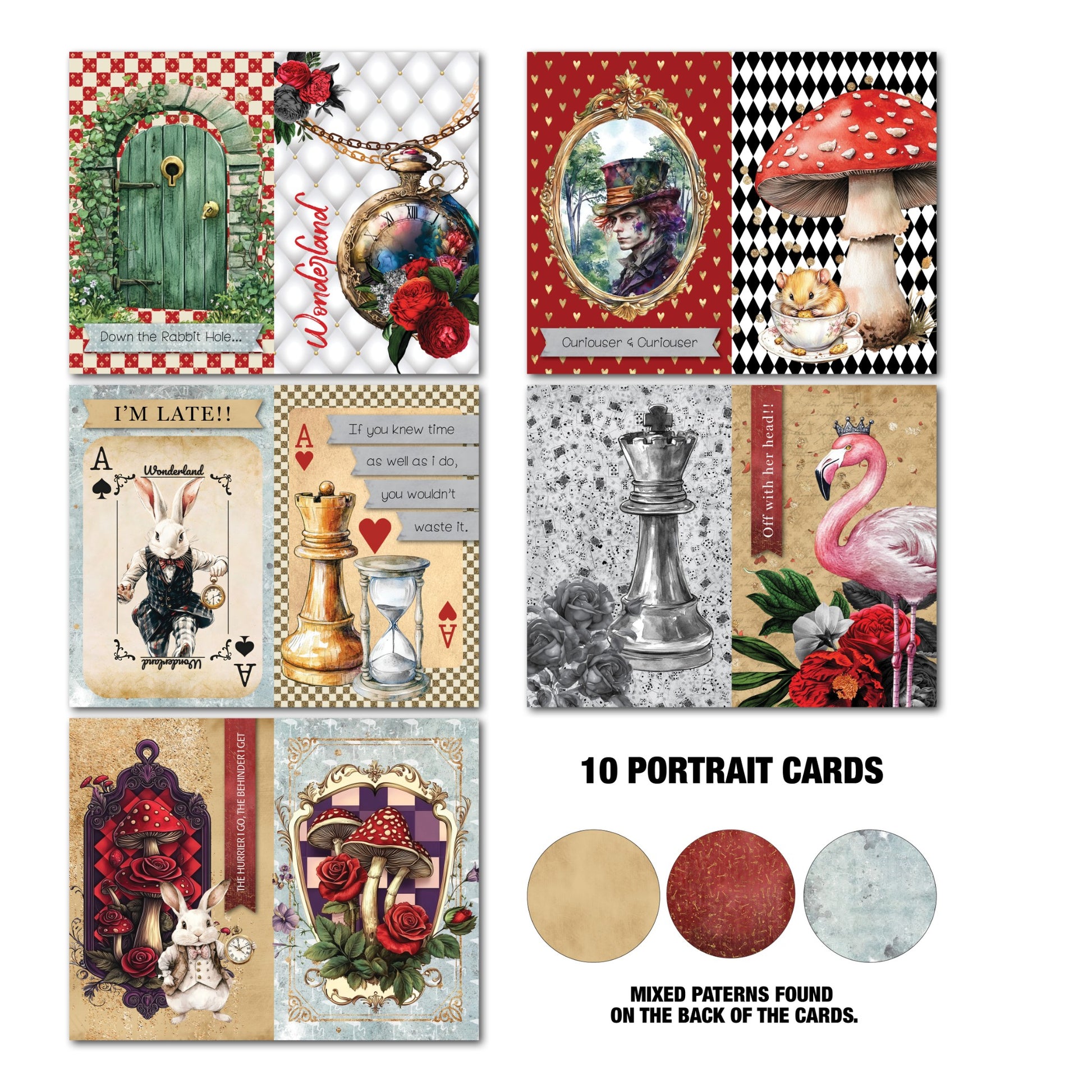 Red Queen Gimme More Pack 10 portrait cards featuring pocket watch with roses, Mad Hatter portrait, mushroom with squirrel, White Rabbit I'm Late card, chess pieces, flamingo with crown and mixed pattern backs