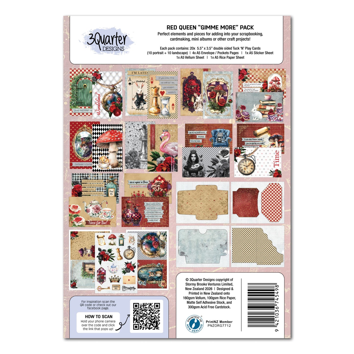 Red Queen Gimme More Pack reverse side showing all contents laid out including 20 double-sided cards, envelope pages, sticker sheet, vellum sheet and rice paper with product details 