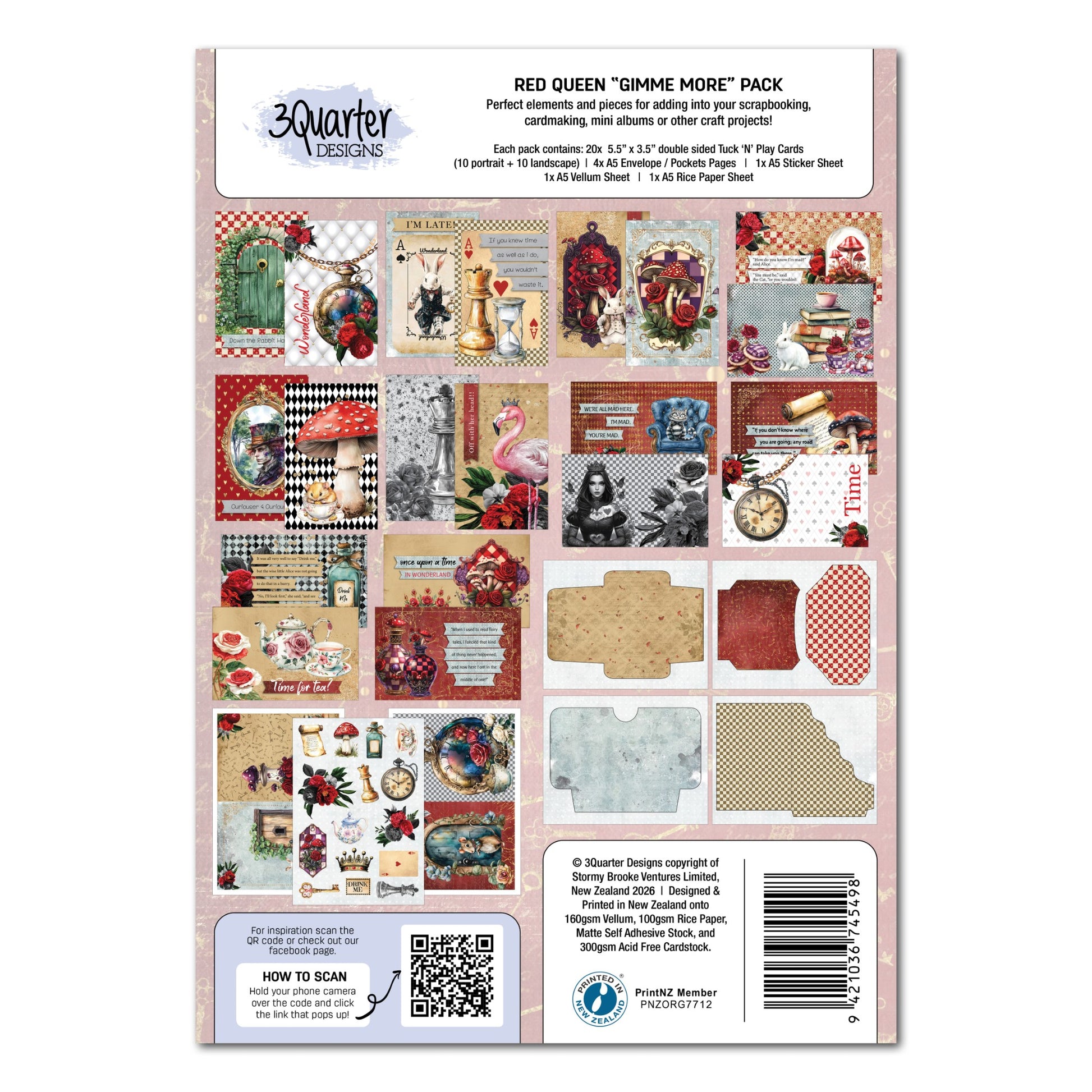 Red Queen Gimme More Pack reverse side showing all contents laid out including 20 double-sided cards, envelope pages, sticker sheet, vellum sheet and rice paper with product details 