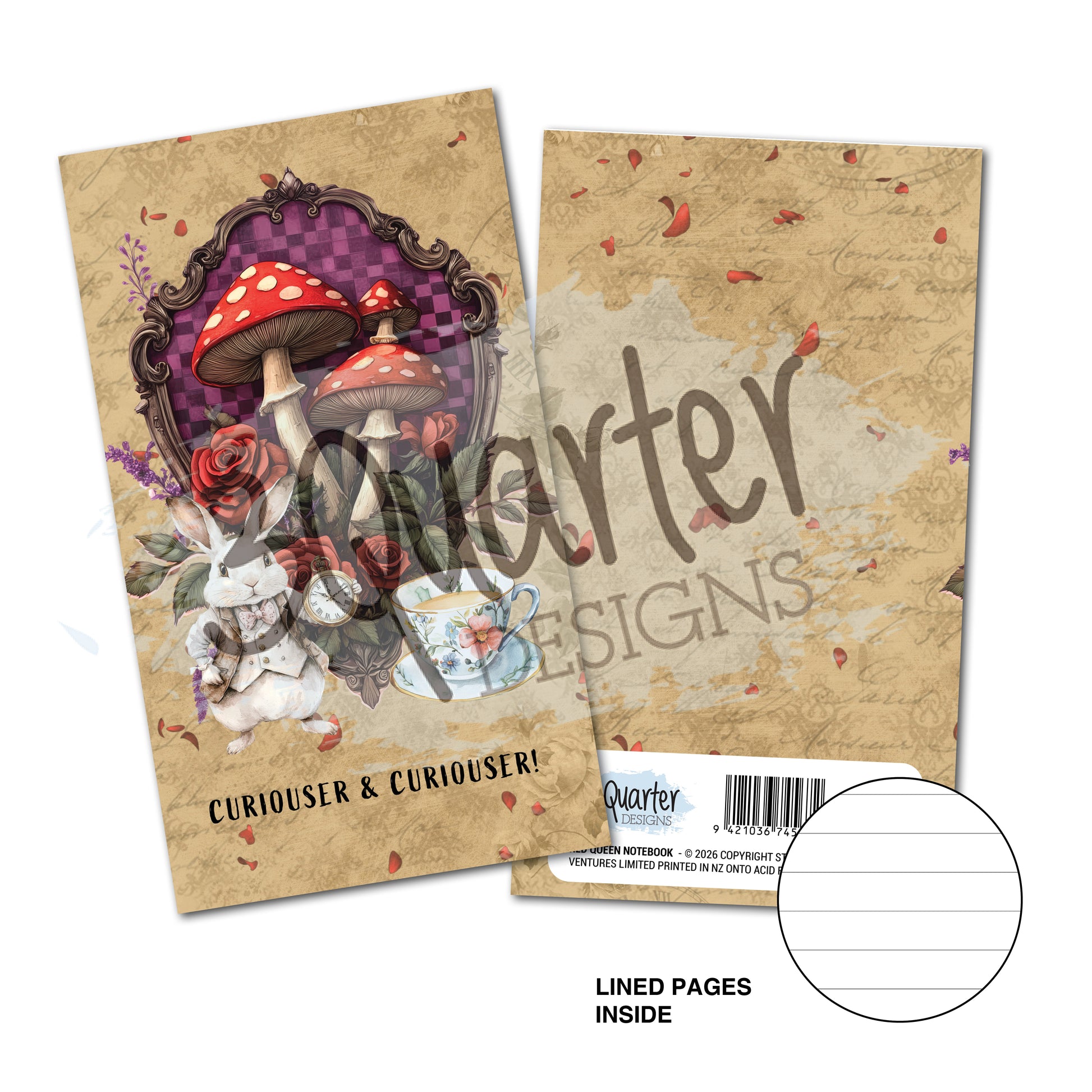 Red Queen mini notebook by 3Quarter Designs showing front and back covers with ornate framed red mushrooms, white rabbit, roses, teacup, pocket watch and falling petals on vintage parchment background, with lined pages inside detail 