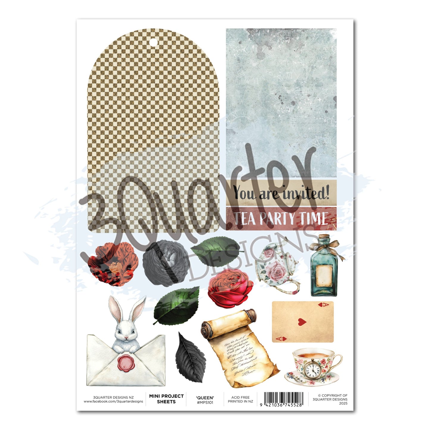 Red Queen Mini Project Sheet A4 by 3Quarter Designs featuring large arched checkered frame, tea party invitation banner, White Rabbit with wax seal envelope, vintage scroll, roses, leaves, playing card, bottle, teacup with clock face and decorative panels 