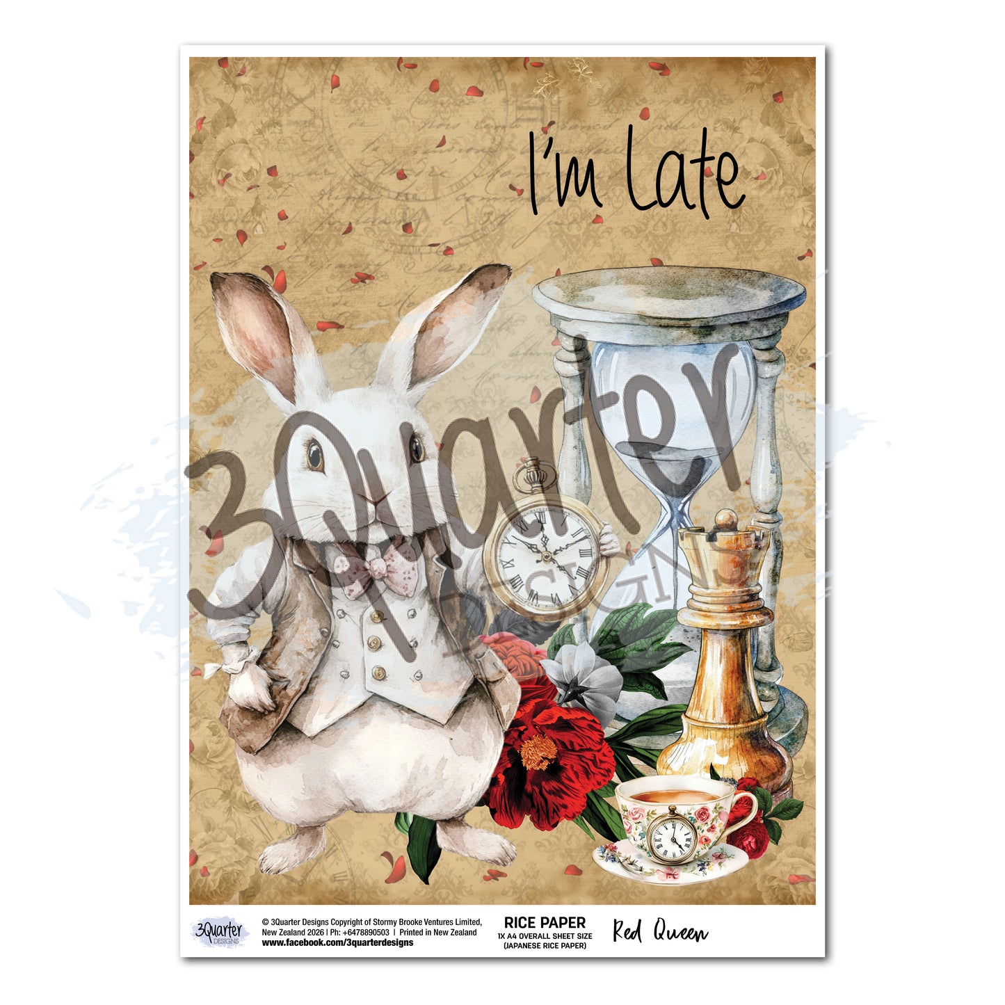 Red Queen rice paper A4 by 3Quarter Designs featuring White Rabbit in waistcoat with I'm Late text, large hourglass, pocket watch, ornate teacup with clock face, red roses and falling petals on aged parchment background 