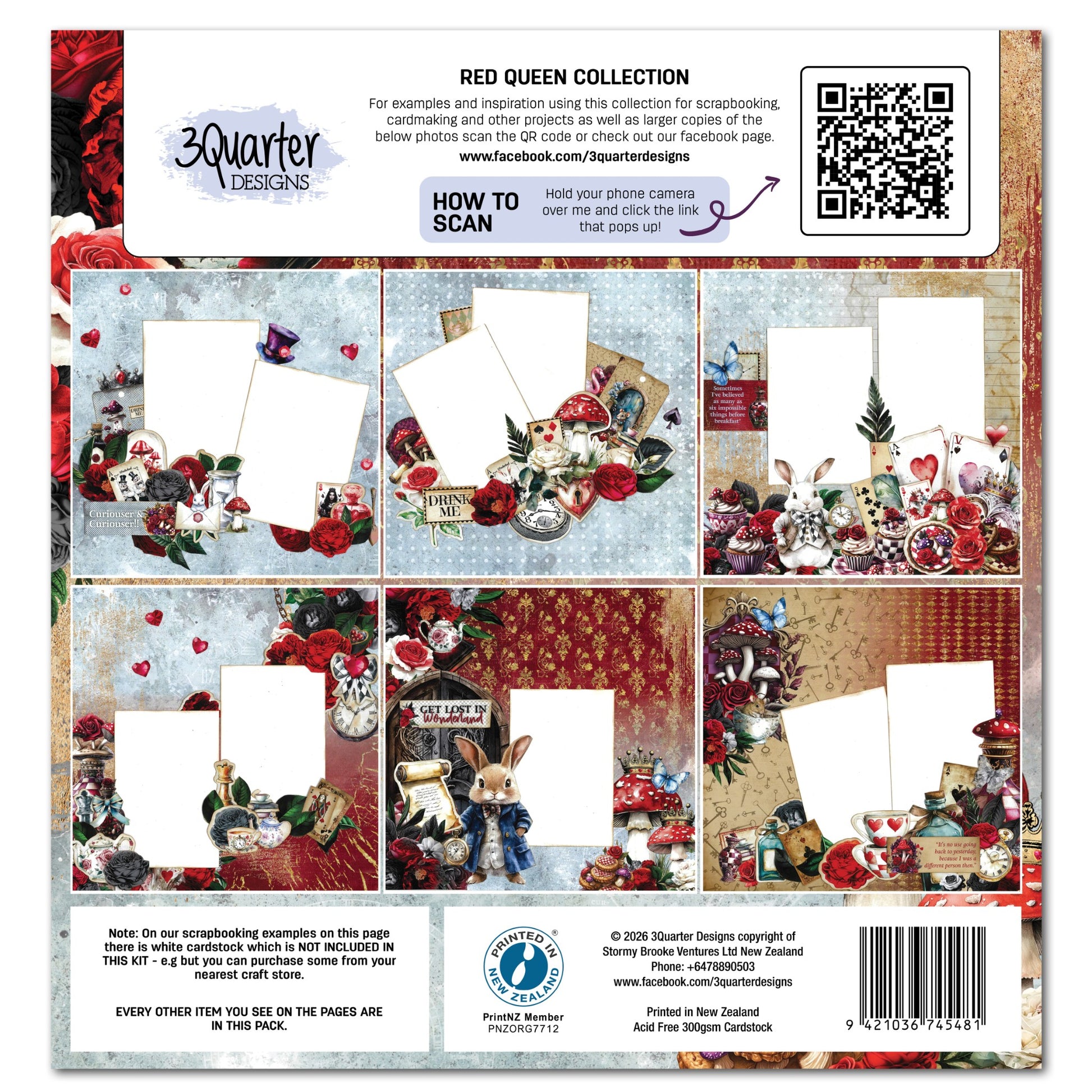 Red Queen 12x12 Scrapbook Collection Kit back cover by 3Quarter Designs showing six example scrapbook layouts featuring mushrooms with roses, drink me bottle with pocket watch, White Rabbit tea party, flamingo with heart topiaries, Red Queen portrait and chess pieces