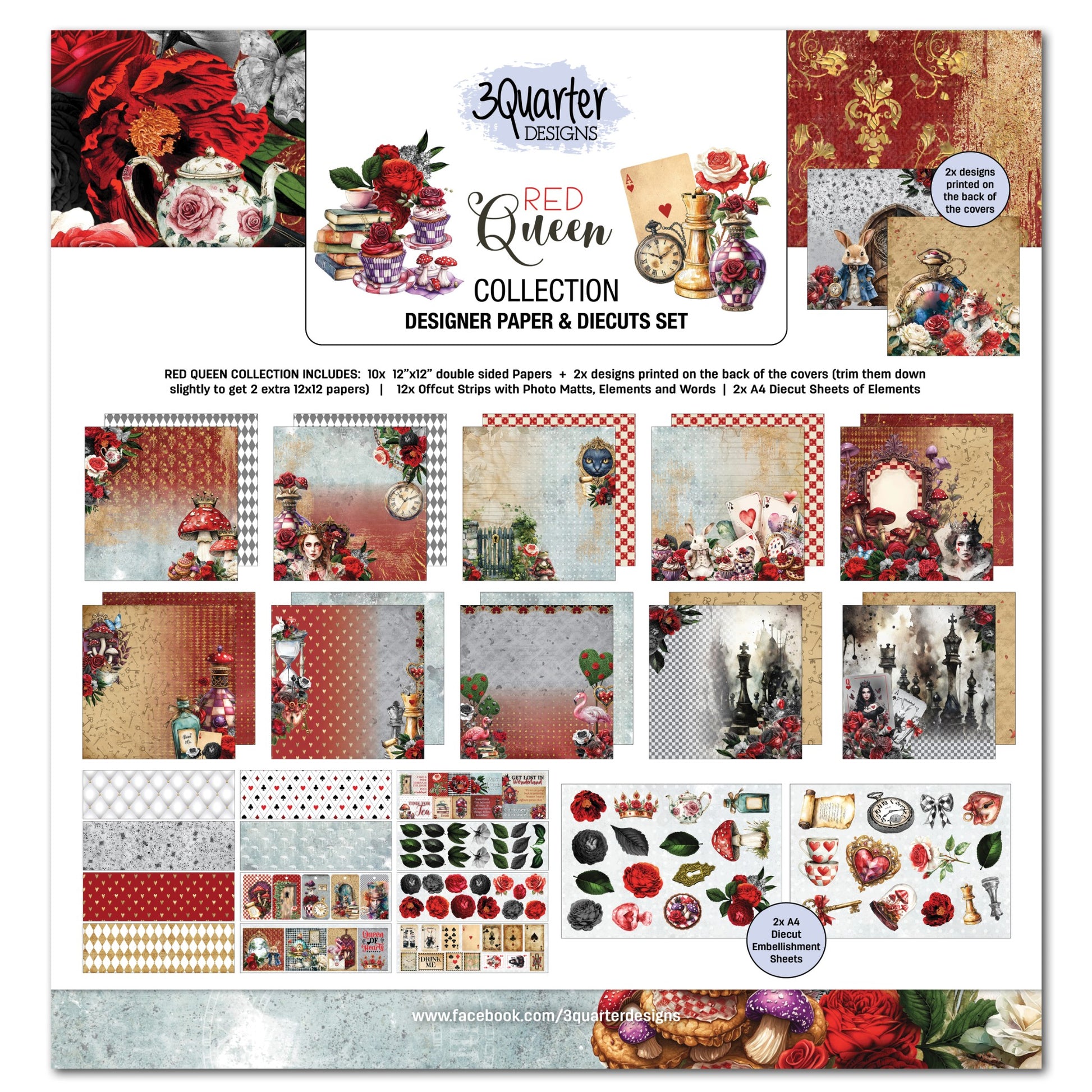 Red Queen 12x12 Scrapbook Collection Kit cover by 3Quarter Designs showing kit contents including 10 double-sided papers, 2 cover designs, 12 off-cut strips with photo mats and elements, and 2 A4 die-cut sheets with scrapbook layout examples