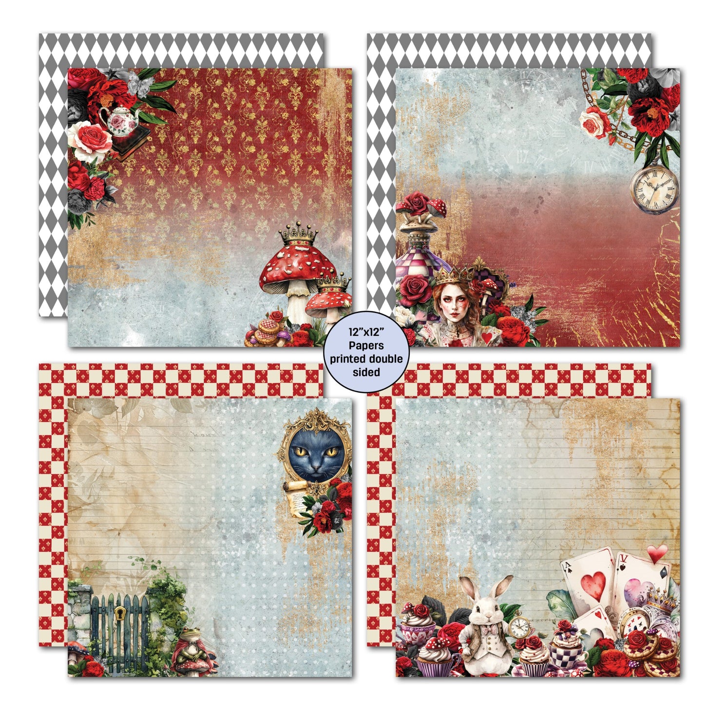 Red Queen 12x12 papers showing four double-sided designs featuring crowned mushroom with roses and cupcakes on harlequin background, Red Queen portrait with pocket watch and roses on distressed background, Cheshire Cat in ornate frame with garden gate, and White Rabbit with playing cards and teacups on vintage script