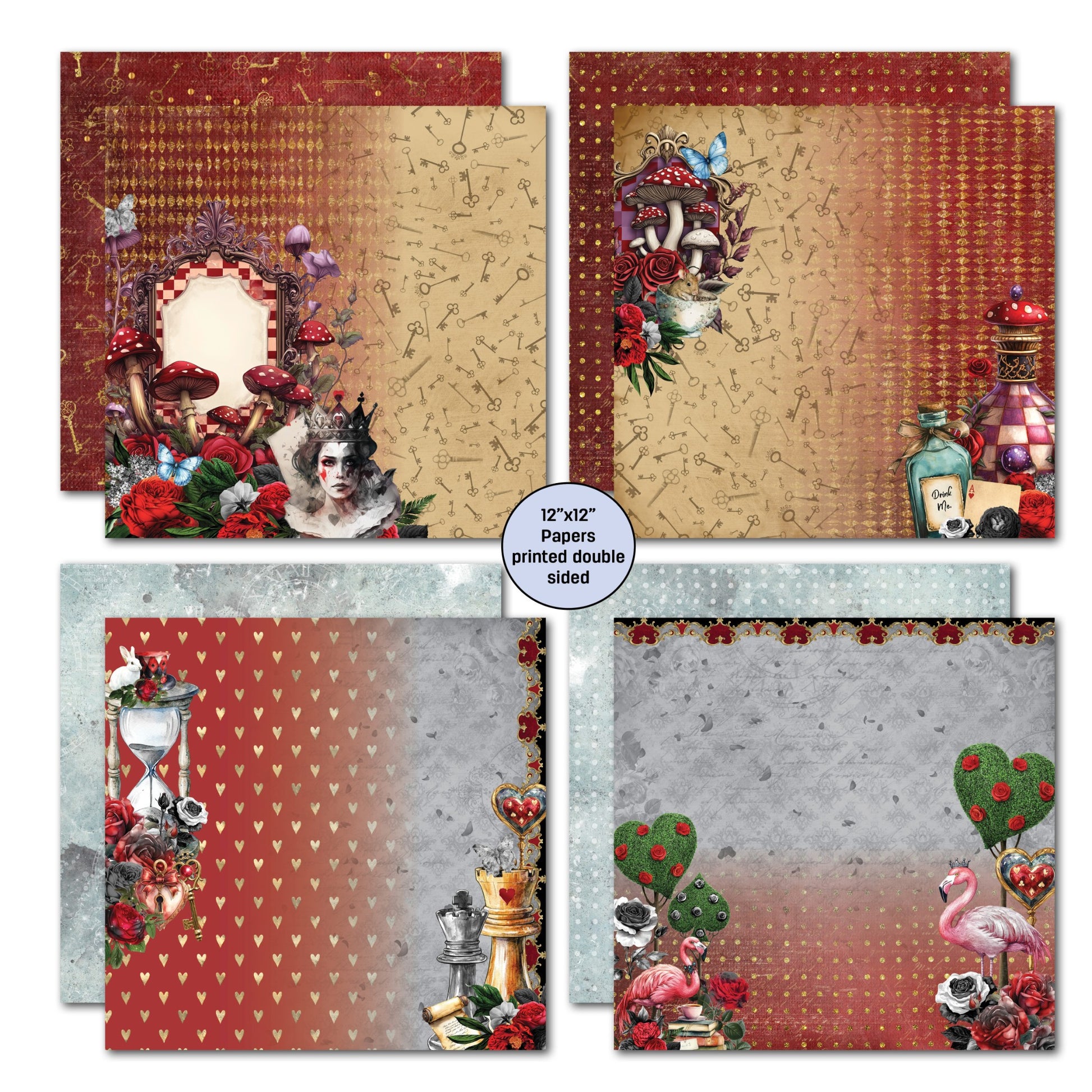 Red Queen 12x12 papers showing four double-sided designs featuring Red Queen with mushrooms and ornate checkered frame, stacked mushrooms with drink me bottles and keys, hourglass with White Rabbit and chess pieces on hearts background, and flamingo with heart topiaries and roses