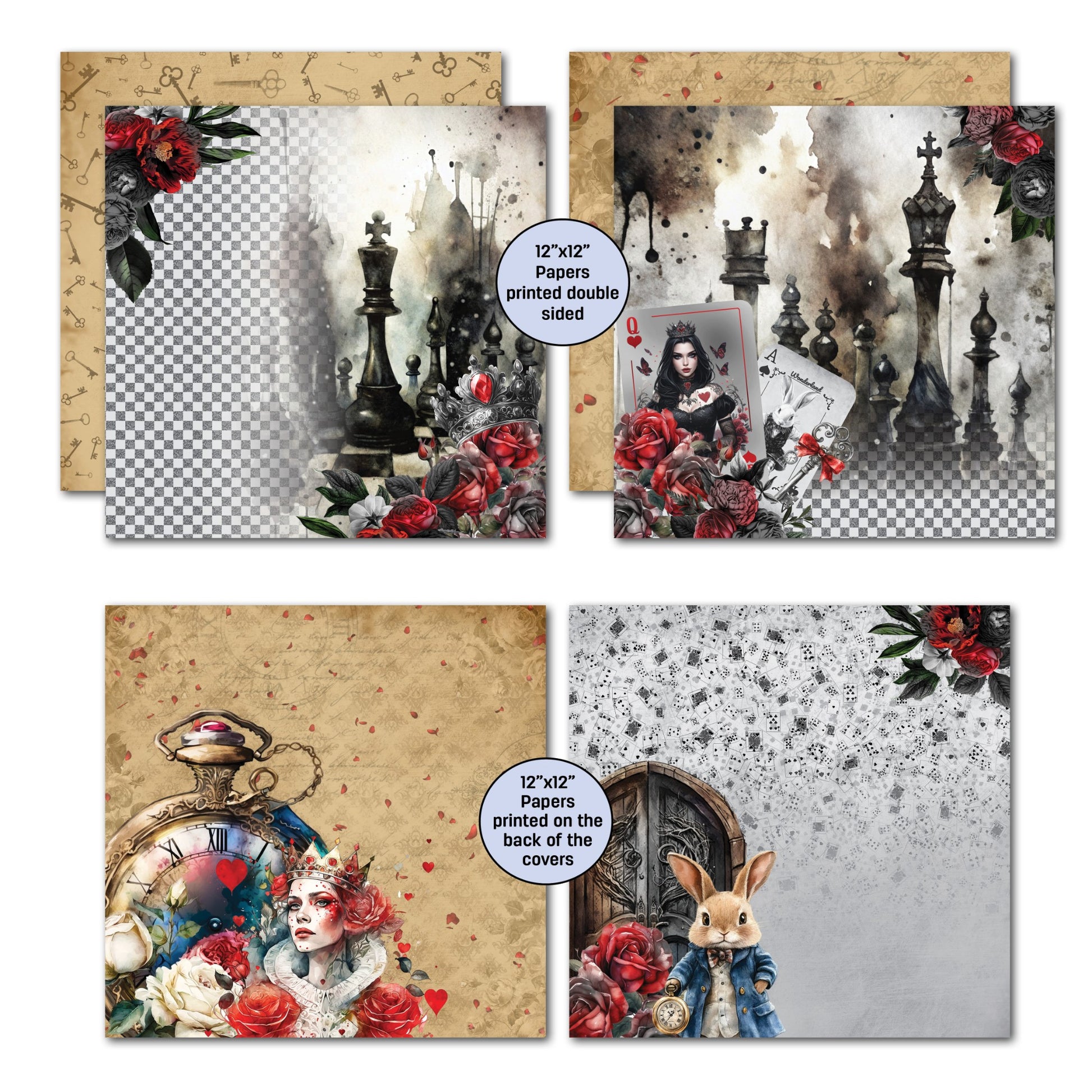 Red Queen 12x12 papers showing two double-sided designs featuring chess pieces with Red Queen portrait and playing cards on checkered background, and Red Queen portrait with pocket watch and roses on vintage script