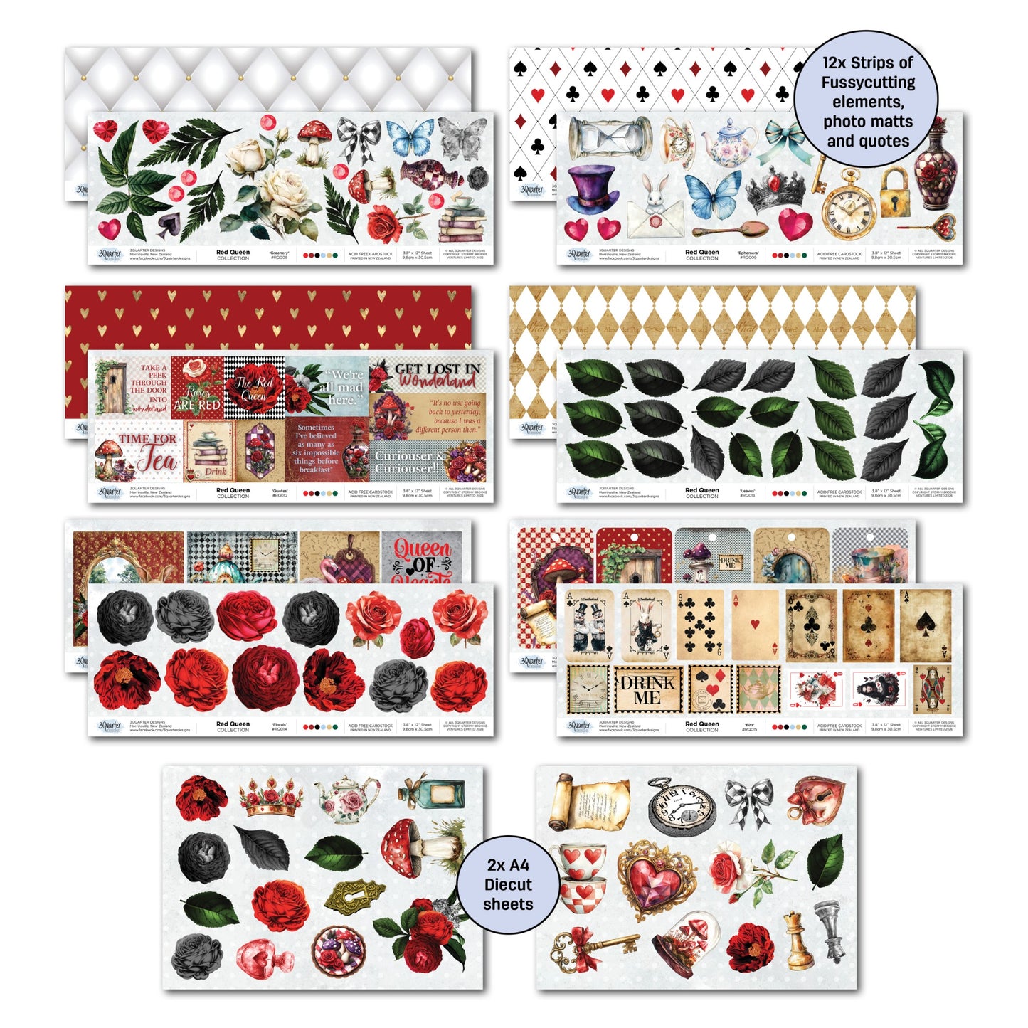 Red Queen 12x12 kit extras showing 12 off-cut strips with photo mats elements and quotes on white tufted hearts and harlequin backgrounds, plus 2 A4 die-cut sheets featuring roses leaves crowns teapots pocket watches hearts keys playing cards and Wonderland elements 