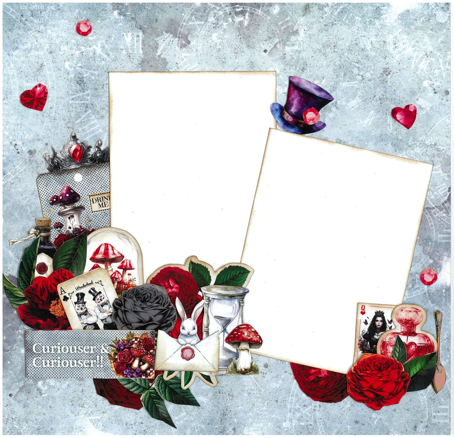 Red Queen scrapbook layout sample featuring two photo mats with Mad Hatter hat, drink me bottle with mushrooms, roses, White Rabbit envelope, hourglass, playing cards, Red Queen portrait and curiouser and curiouser quote on distressed blue background
