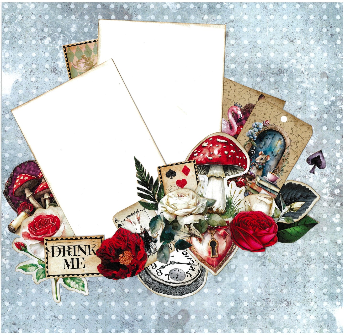 Red Queen scrapbook layout sample featuring photo mats with large red mushroom, playing cards, drink me tag, pocket watch, heart locket, clock face, roses and drink me quote on distressed blue dotted background