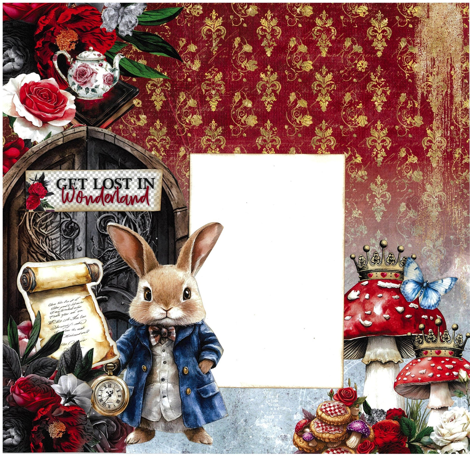 Red Queen scrapbook layout sample featuring photo mat with White Rabbit in blue coat holding scroll at ornate door, get lost in Wonderland quote, crowned mushrooms with roses, tarts, butterflies and teapot on burgundy damask and distressed background