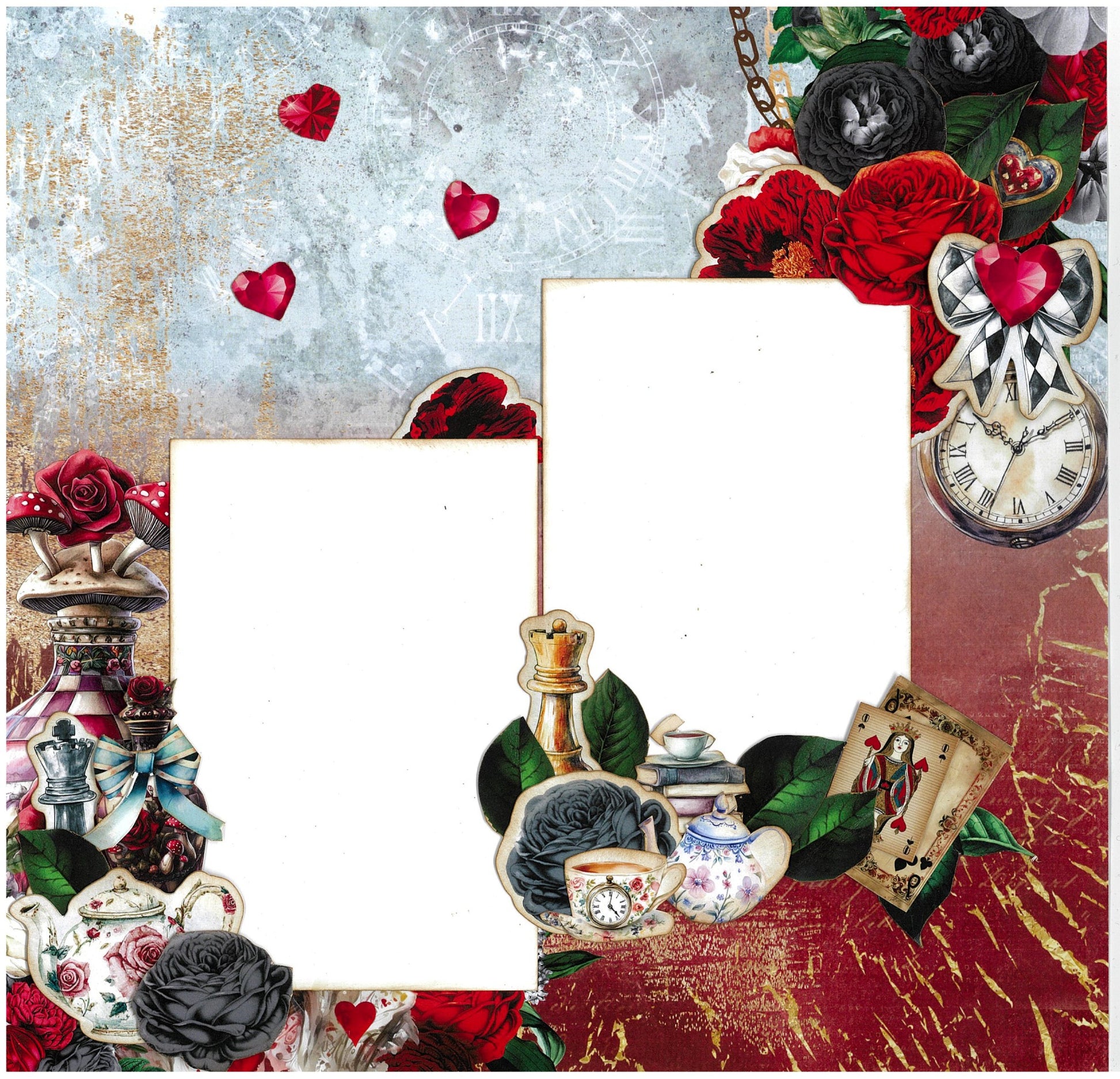Red Queen scrapbook layout sample featuring photo mats with checkered bow, pocket watch, roses, teapots, playing cards showing Red Queen, hearts and harlequin checkered elements on burgundy and distressed background