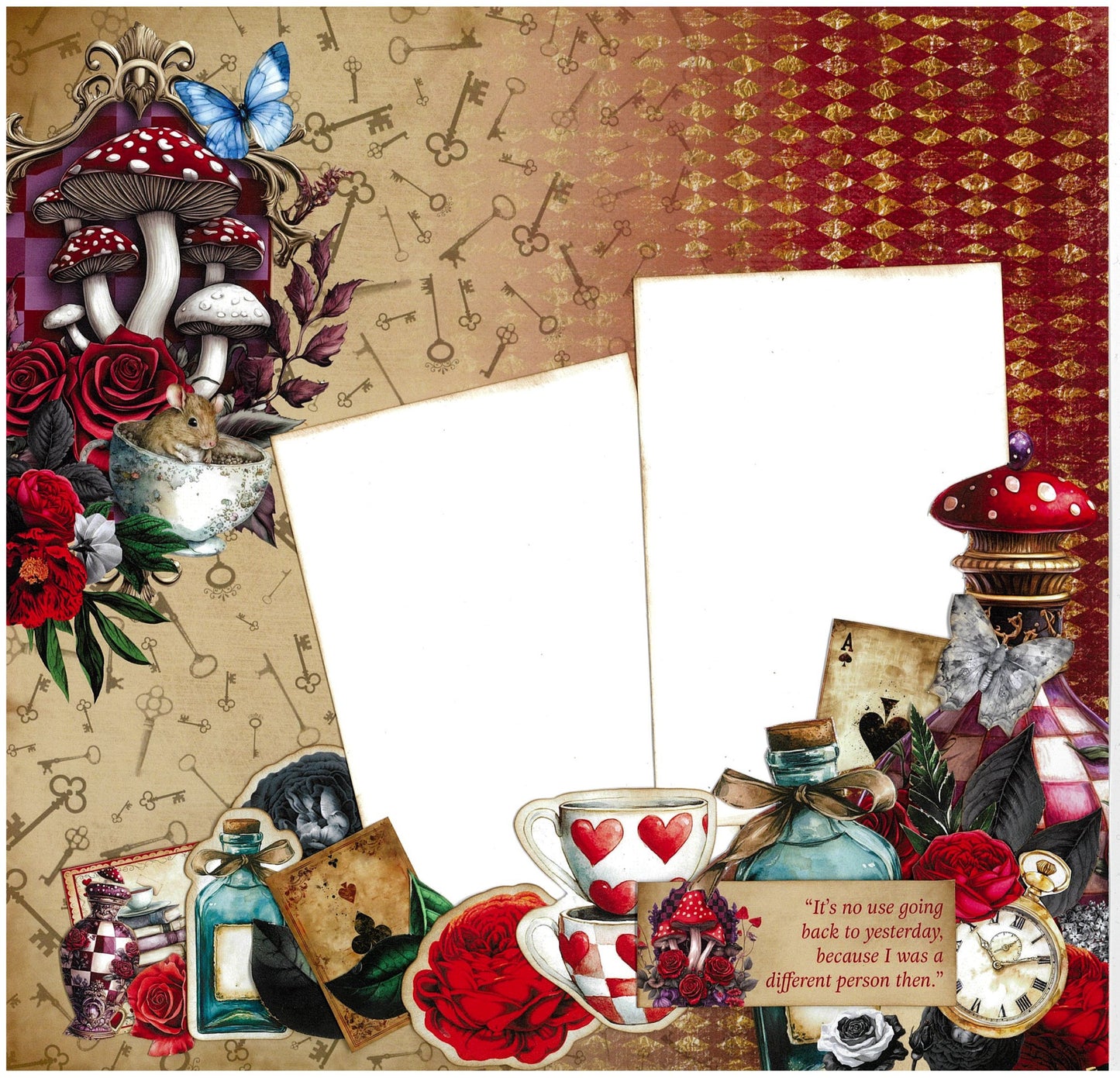 Red Queen scrapbook layout sample featuring photo mats with mushrooms, roses, teacups with hearts, bottles, playing cards, pocket watch and it's no use going back to yesterday quote on vintage key pattern and burgundy damask background 