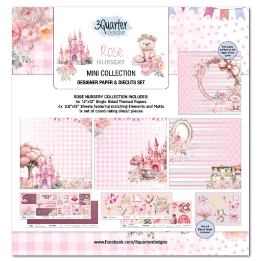 3Quarter Designs Rose Nursery Mini Scrapbook Collection Kit cover showing pack contents including 12x12 papers, offcut strips and die-cut sheet in soft blush pink with princess castle, blossom tree, bunny and bow designs