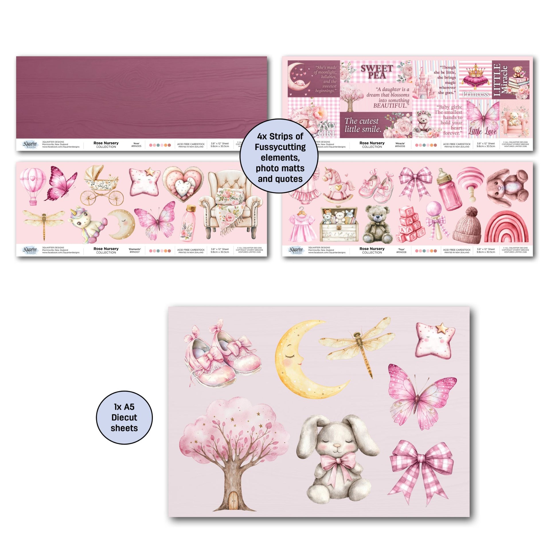 3Quarter Designs Rose Nursery kit extras showing four 3.8x12 offcut strips with deep rose photo mats, quotes, elements and toys, plus A5 die-cut sheet with pink baby shoes, sleeping moon, butterfly, blossom tree, bunny and gingham bow