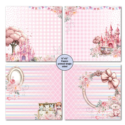 3Quarter Designs Rose Nursery four 12x12 single-sided papers showing pink blossom tree and castle on gingham, princess castle with carriage, oval mirror frame with toy chest, and ornate bow wreath with teddy bear on pink quatrefoil
