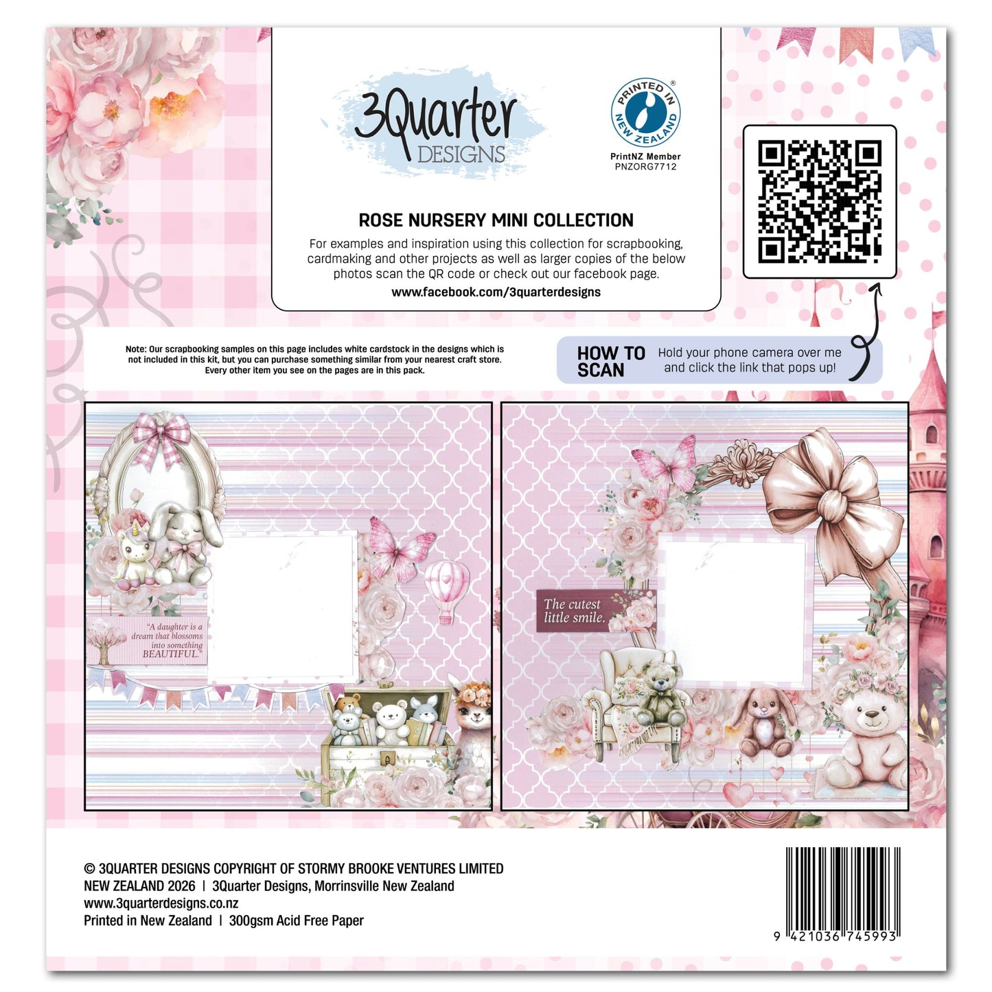 3Quarter Designs Rose Nursery Mini Scrapbook Collection Kit reverse showing two sample double page scrapbook layouts featuring bunny, castle, bow wreath, butterflies and teddy bears in soft blush pink