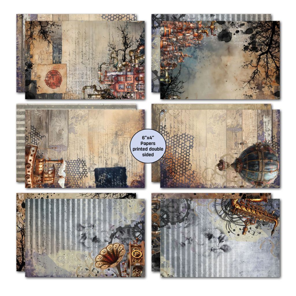 Rustic Tinkerer card papers featuring distressed textures and antique-style patterns for layered cardmaking.