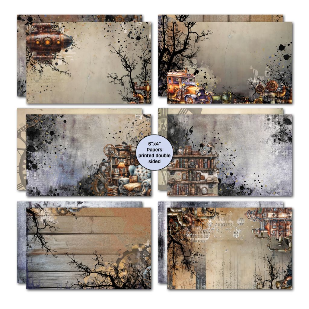 Rustic Tinkerer patterned card papers with muted tones and rustic motifs for creative paper craft projects.