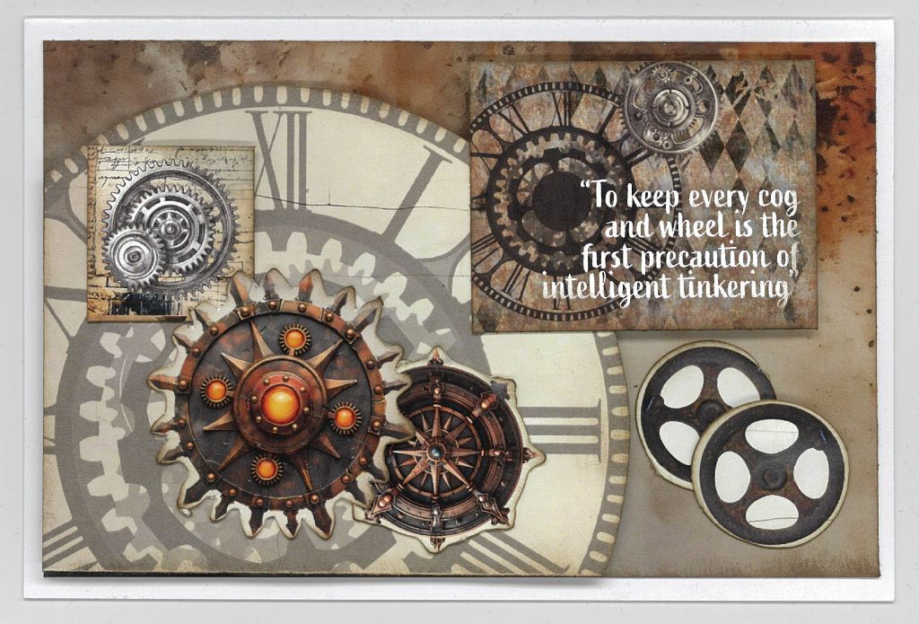 Rustic Tinkerer card sample featuring layered vintage-style papers, earthy tones, and distressed textures. Ideal for handmade greeting cards and mixed media projects.