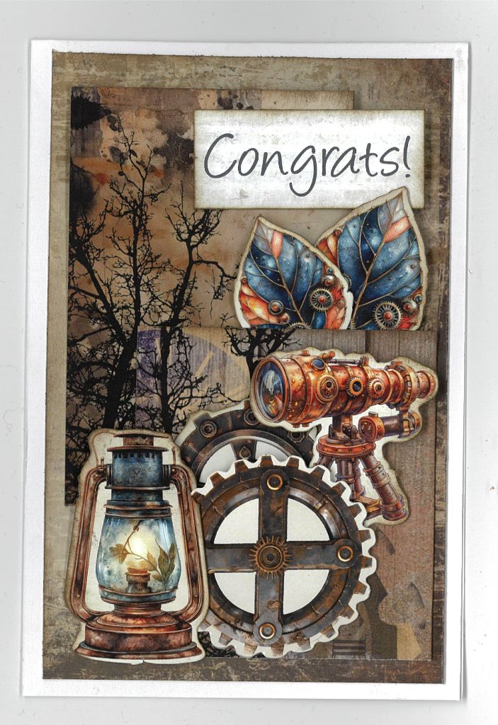 Rustic Tinkerer card design showcasing intricate embellishments, muted colour palette, and dimensional layers for creative cardmaking.
